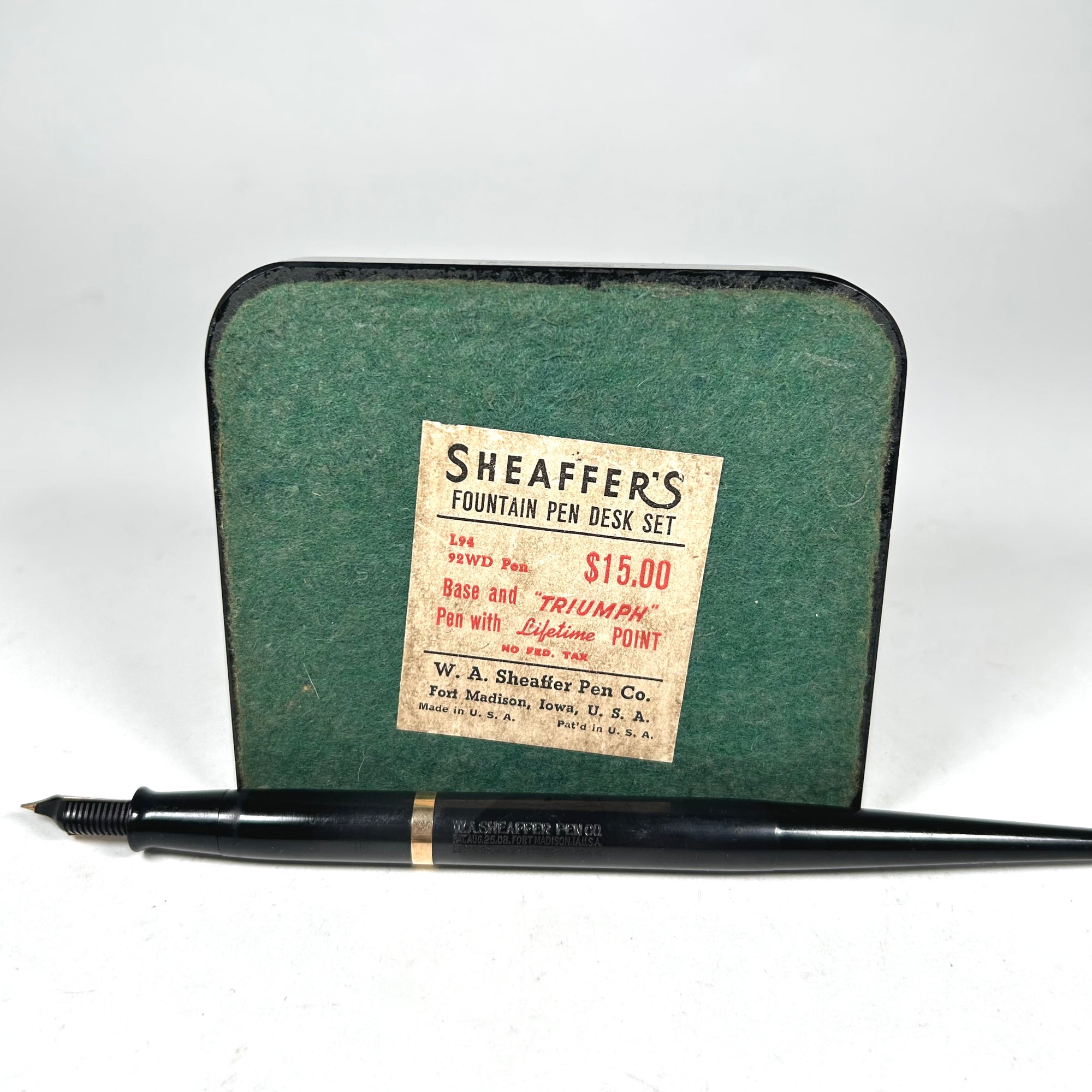 Vintage Sheaffer's Black Glass Pen Holder and Fountain Pen