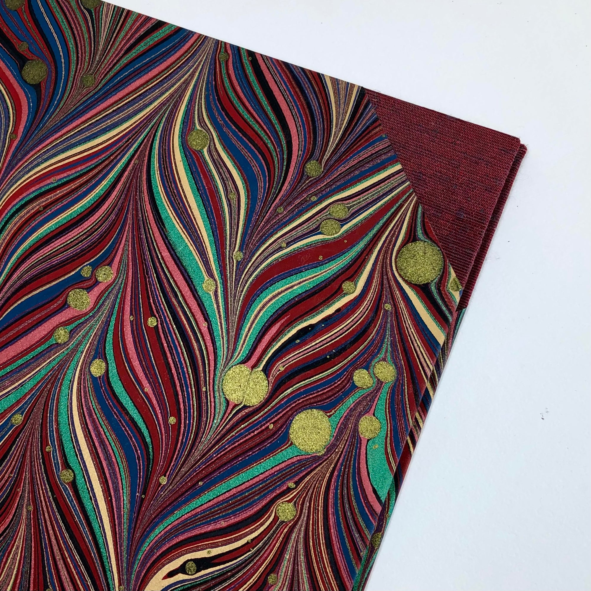 Desk Organizer Folio in Deep Red and Multi-Colored Marbled Paper