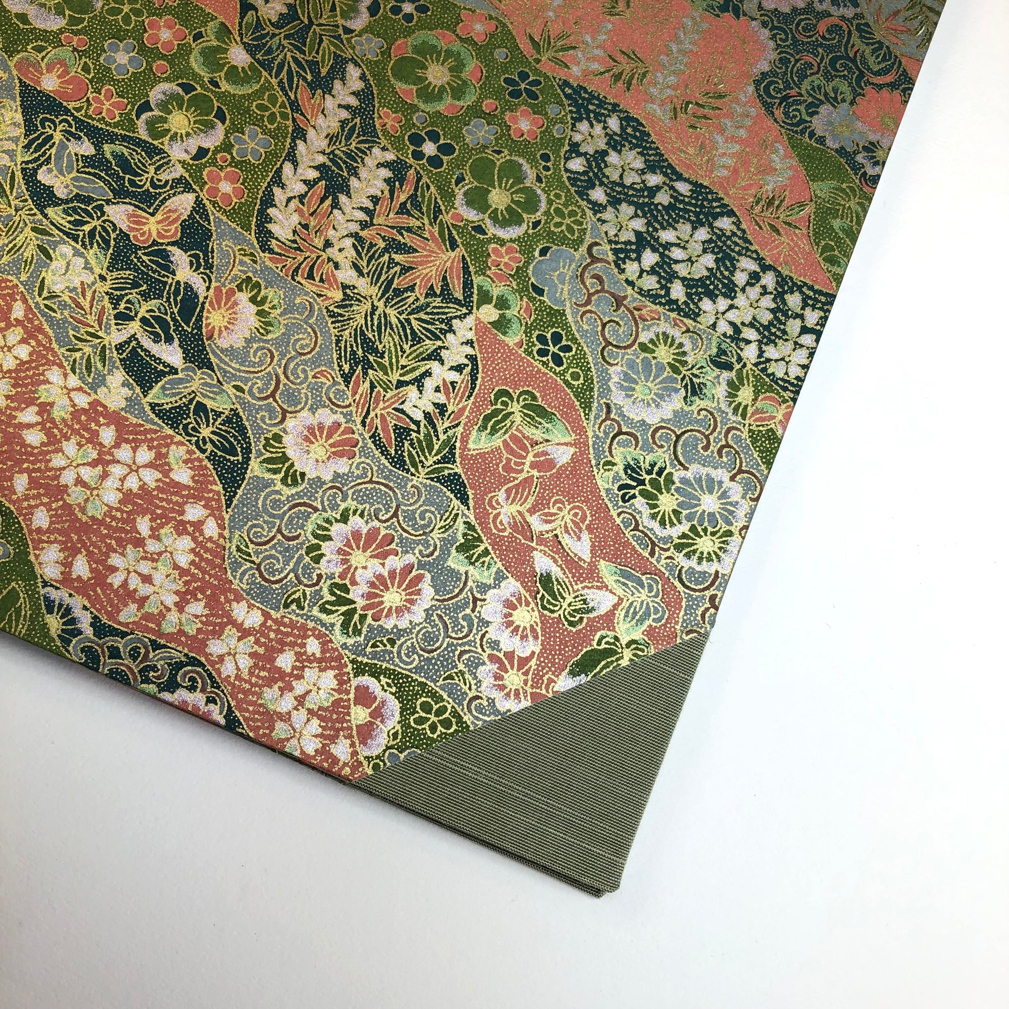 Desk Organizer Folio with Japanese Paper in Green and Coral