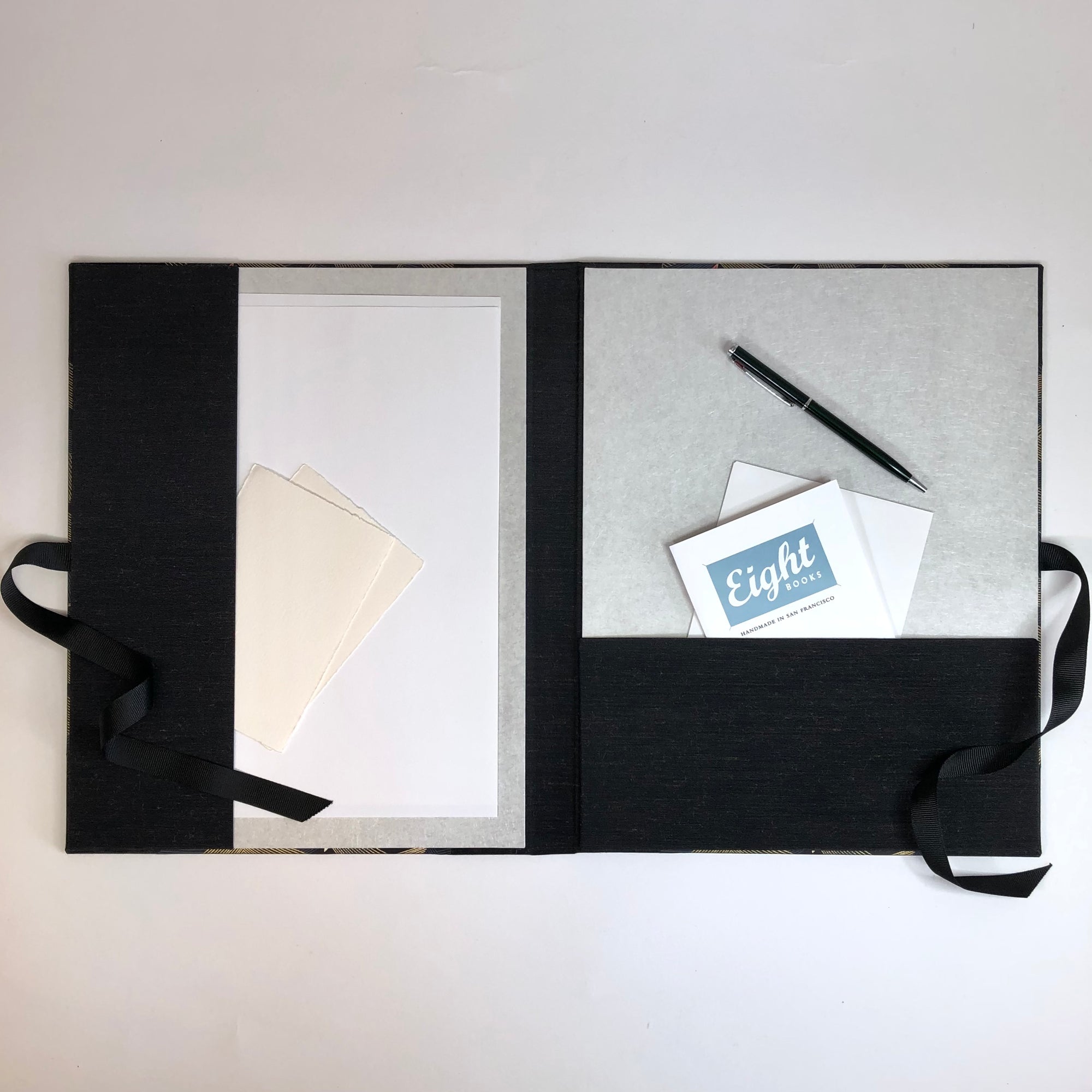 Desk Organizer Folio in Luxurious Blue and Black with Ribbon Closure