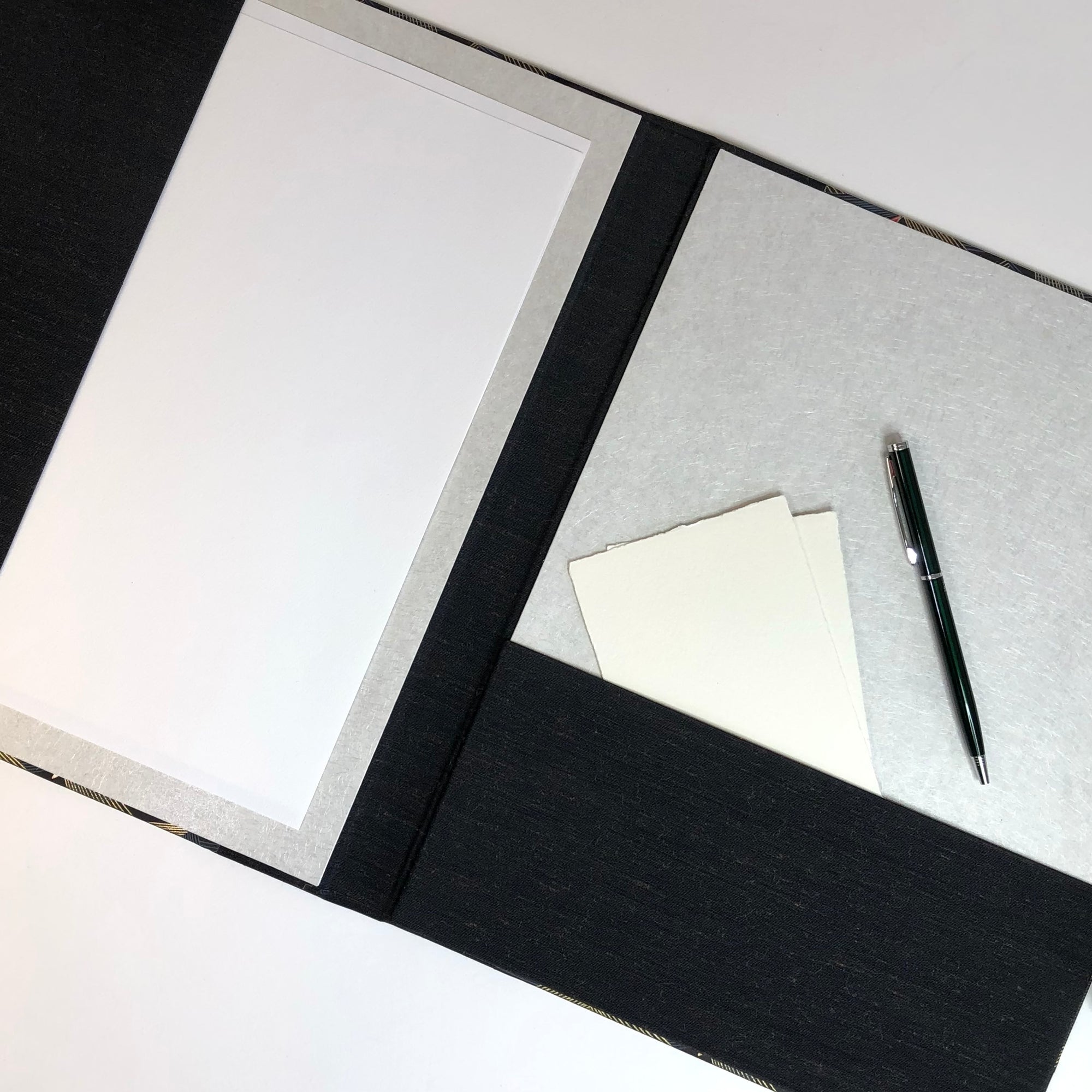 Desk Organizer Folio in Luxurious Blue and Black with Ribbon Closure