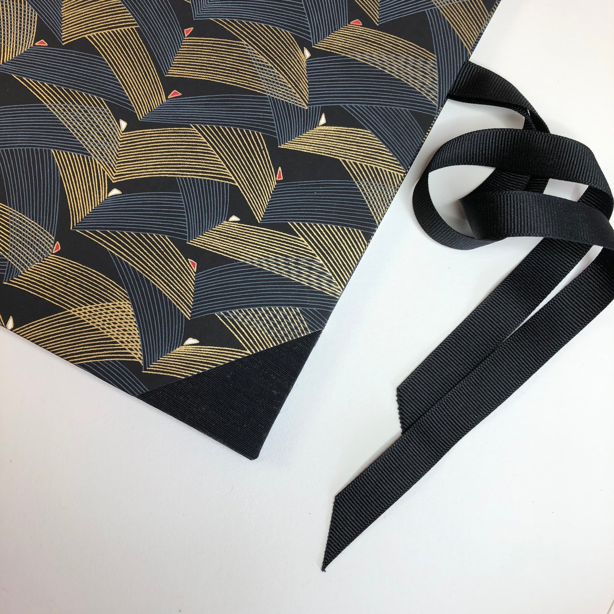 Desk Organizer Folio in Luxurious Blue and Black with Ribbon Closure