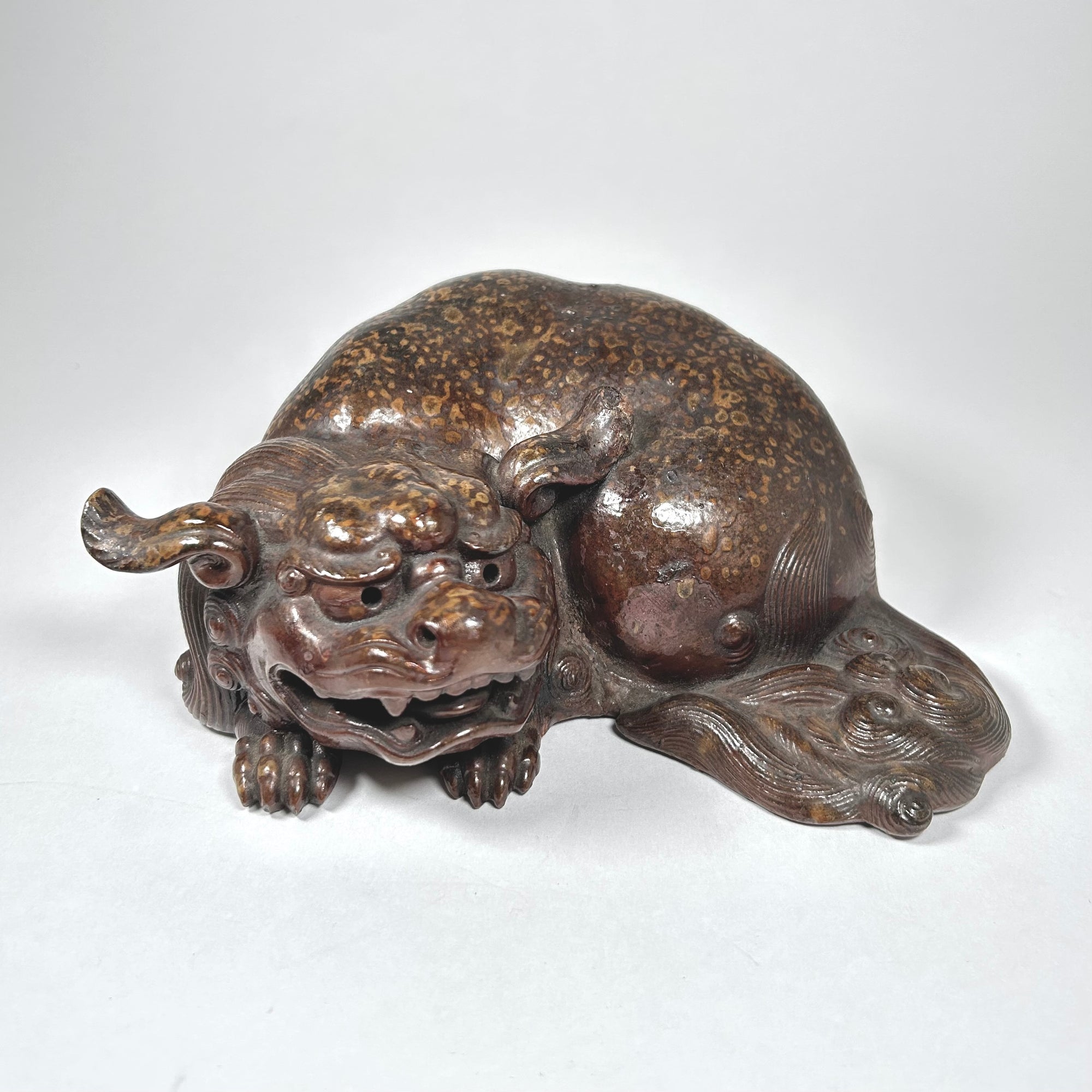 Ceramic Asian Foo Dog Figure in Brown Speckled Glaze