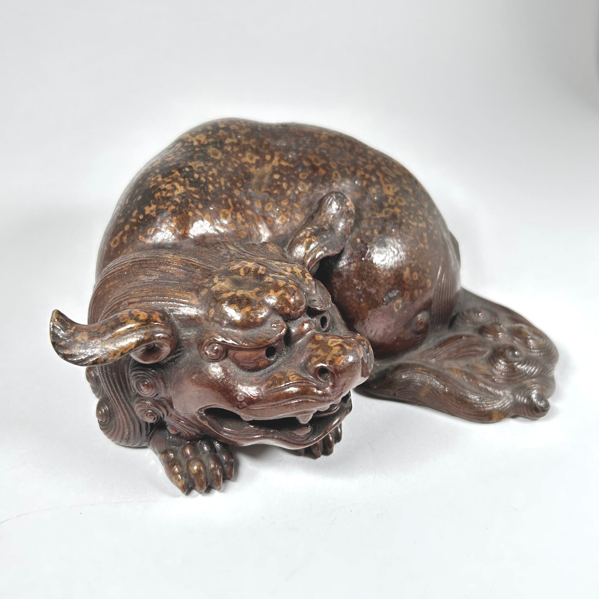 Ceramic Asian Foo Dog Figure in Brown Speckled Glaze