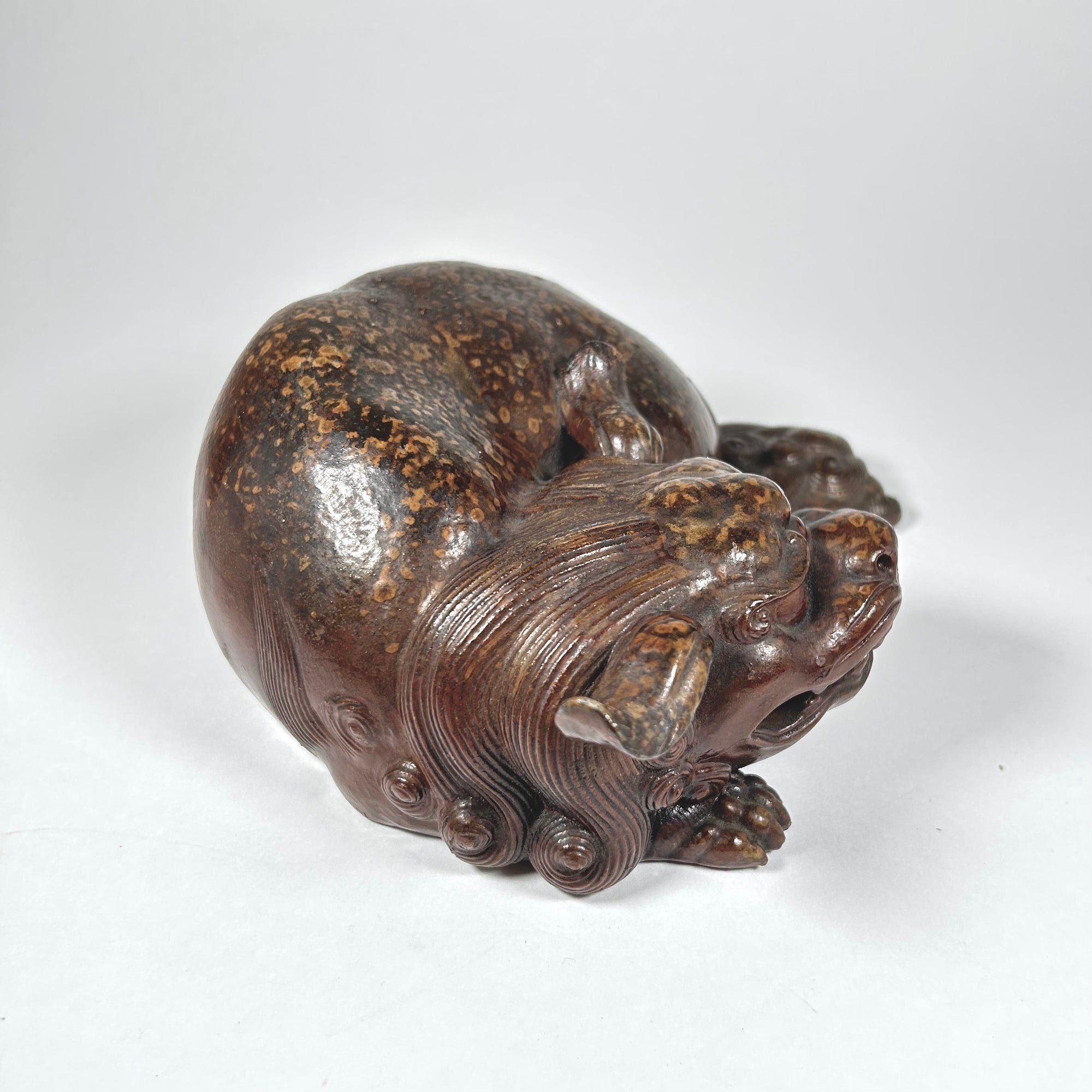 Ceramic Asian Foo Dog Figure in Brown Speckled Glaze