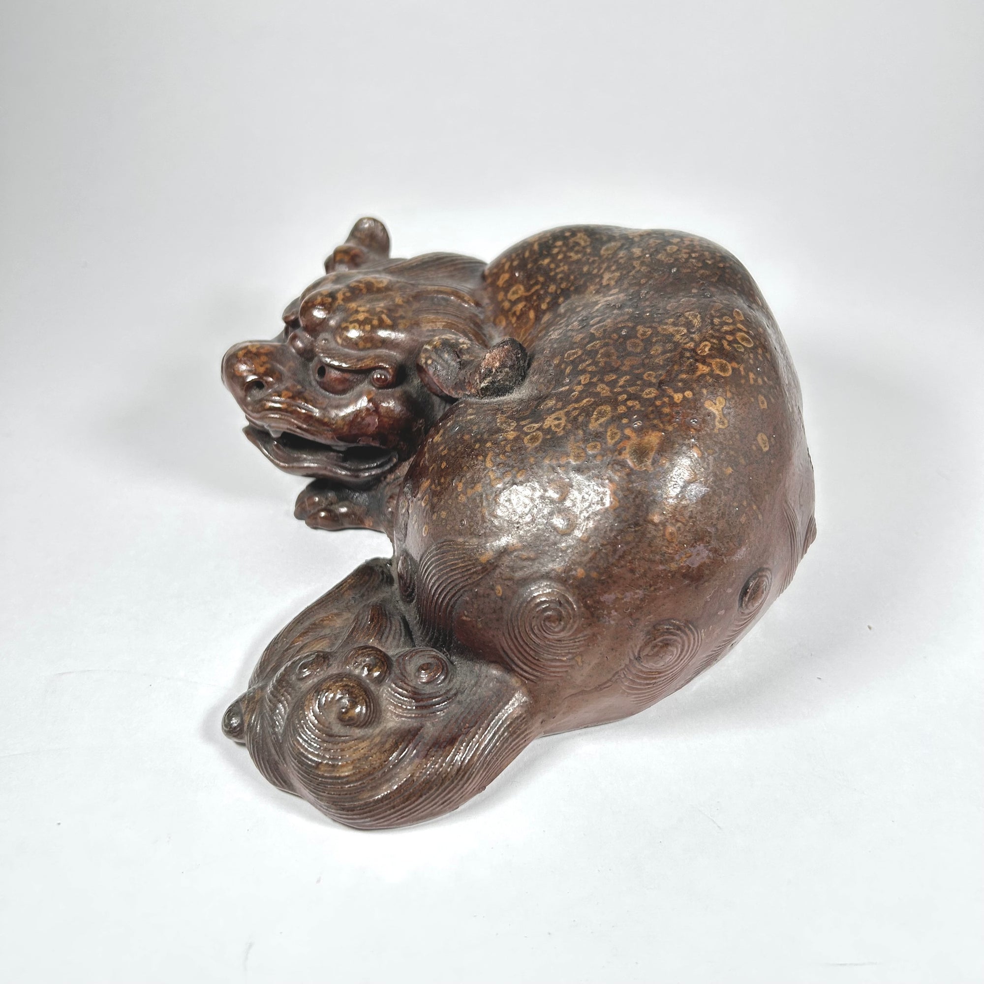 Ceramic Asian Foo Dog Figure in Brown Speckled Glaze