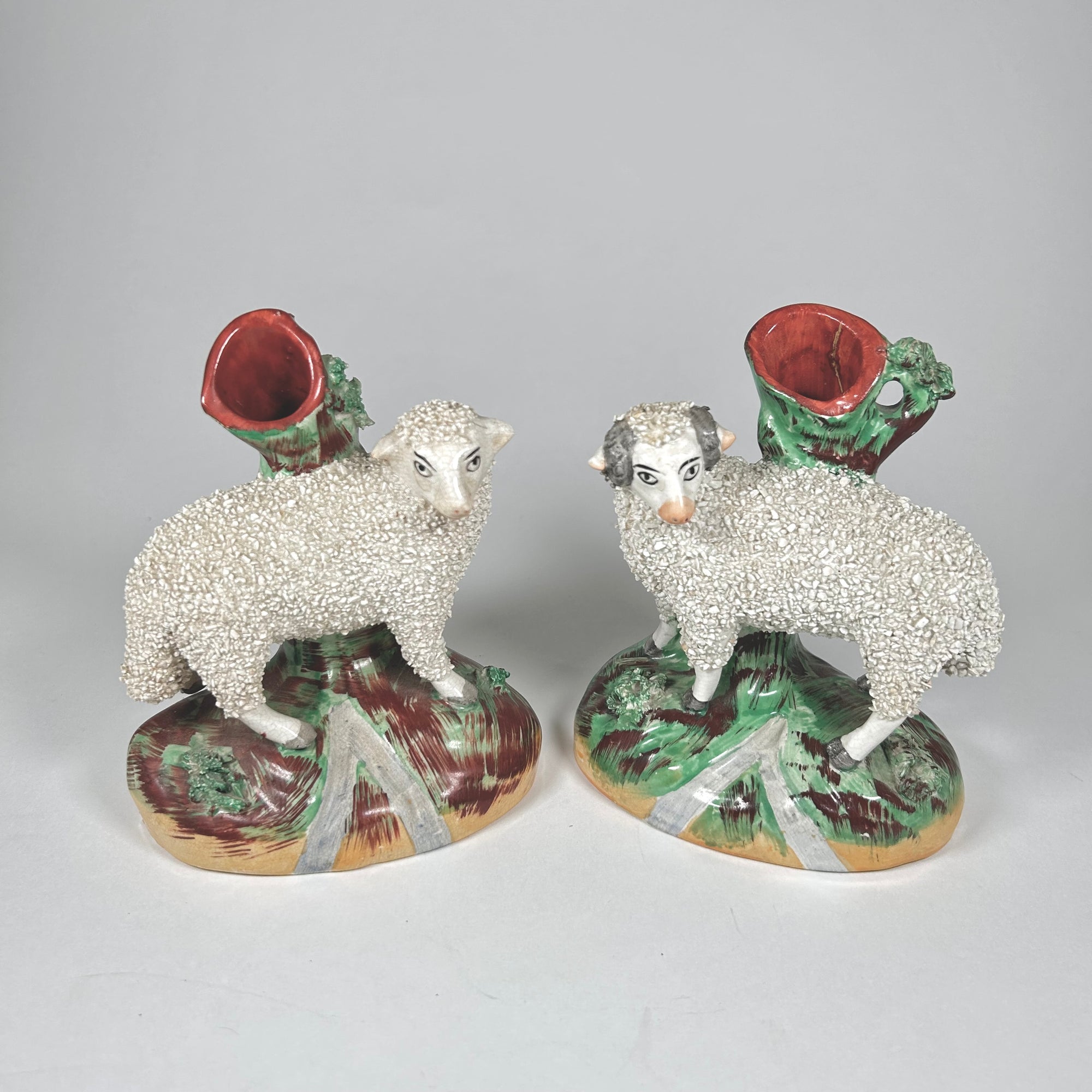 Staffordshire Pottery Sheep Ram and Ewe Spill Vase Pair