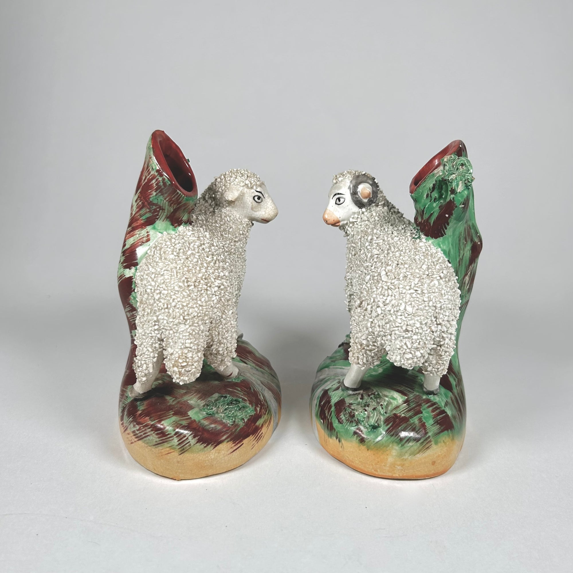 Staffordshire Pottery Sheep Ram and Ewe Spill Vase Pair