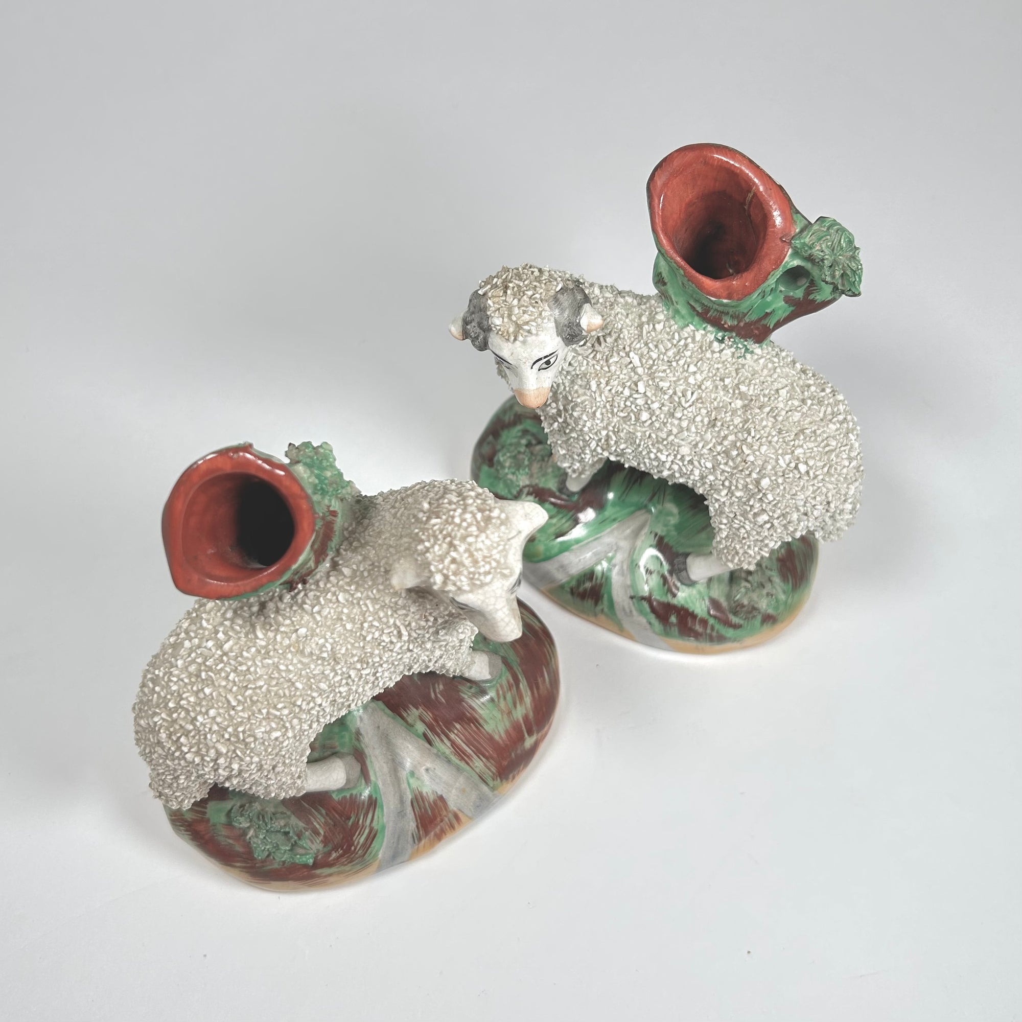 Staffordshire Pottery Sheep Ram and Ewe Spill Vase Pair