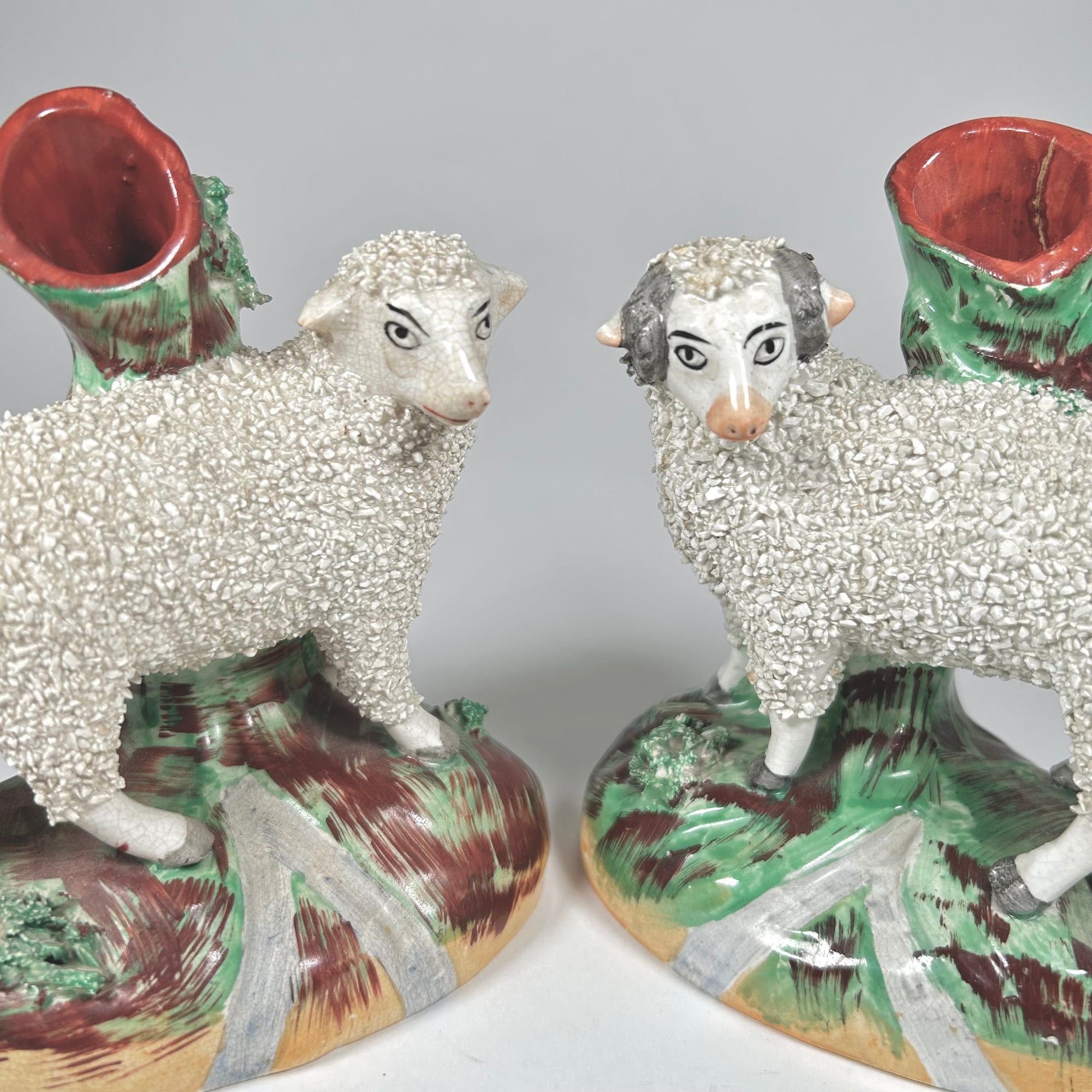 Staffordshire Pottery Sheep Ram and Ewe Spill Vase Pair