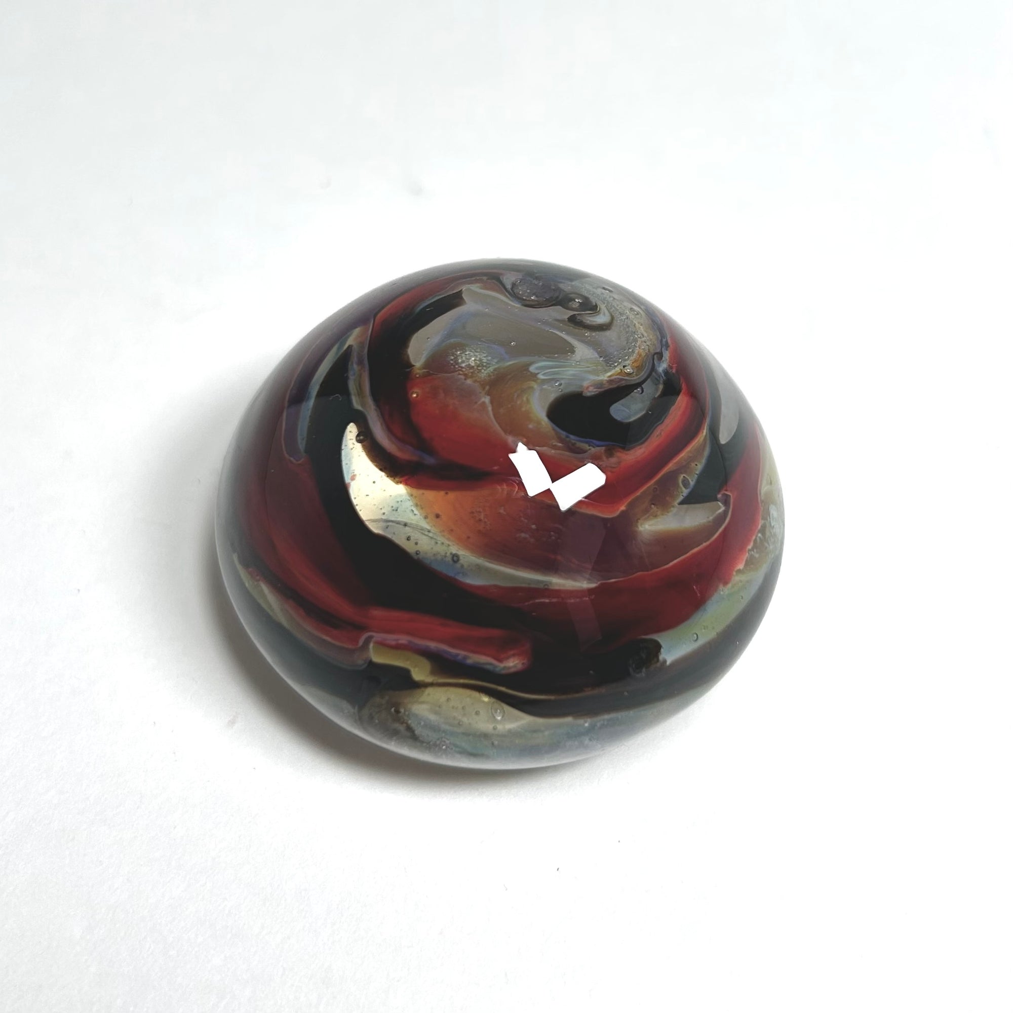 Vintage Mini Art Glass Paperweight with Red and Black Swirl