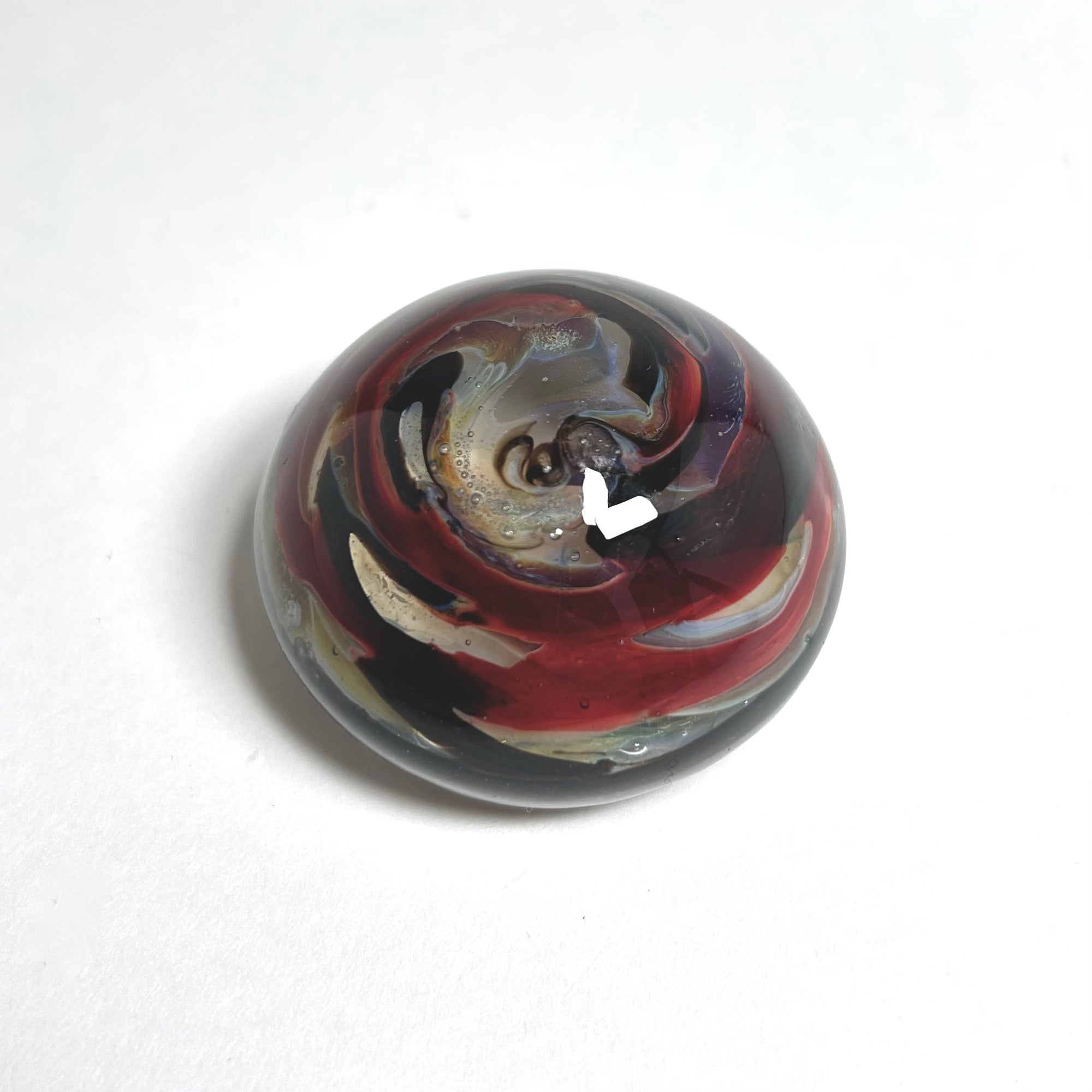 Vintage Mini Art Glass Paperweight with Red and Black Swirl