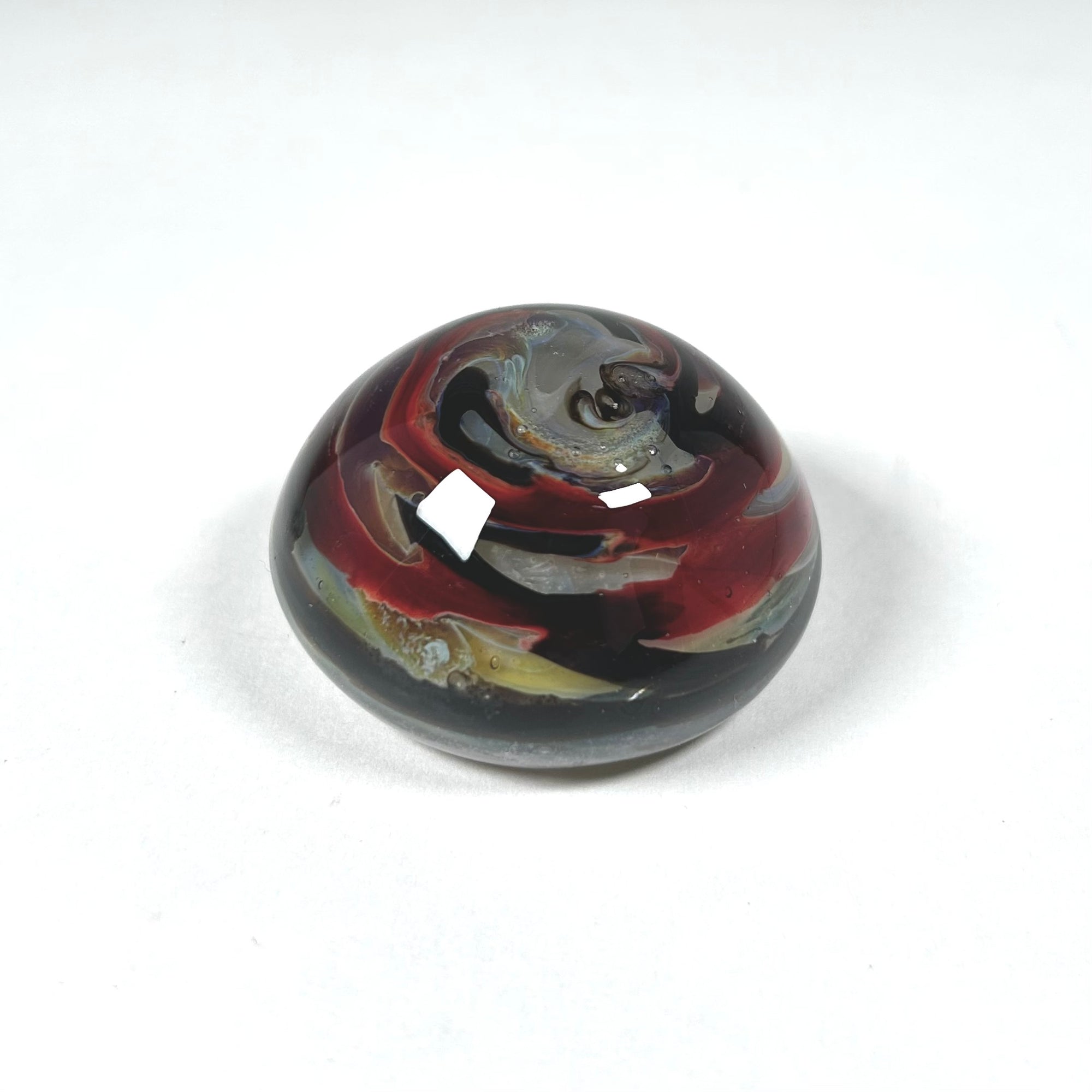 Vintage Mini Art Glass Paperweight with Red and Black Swirl