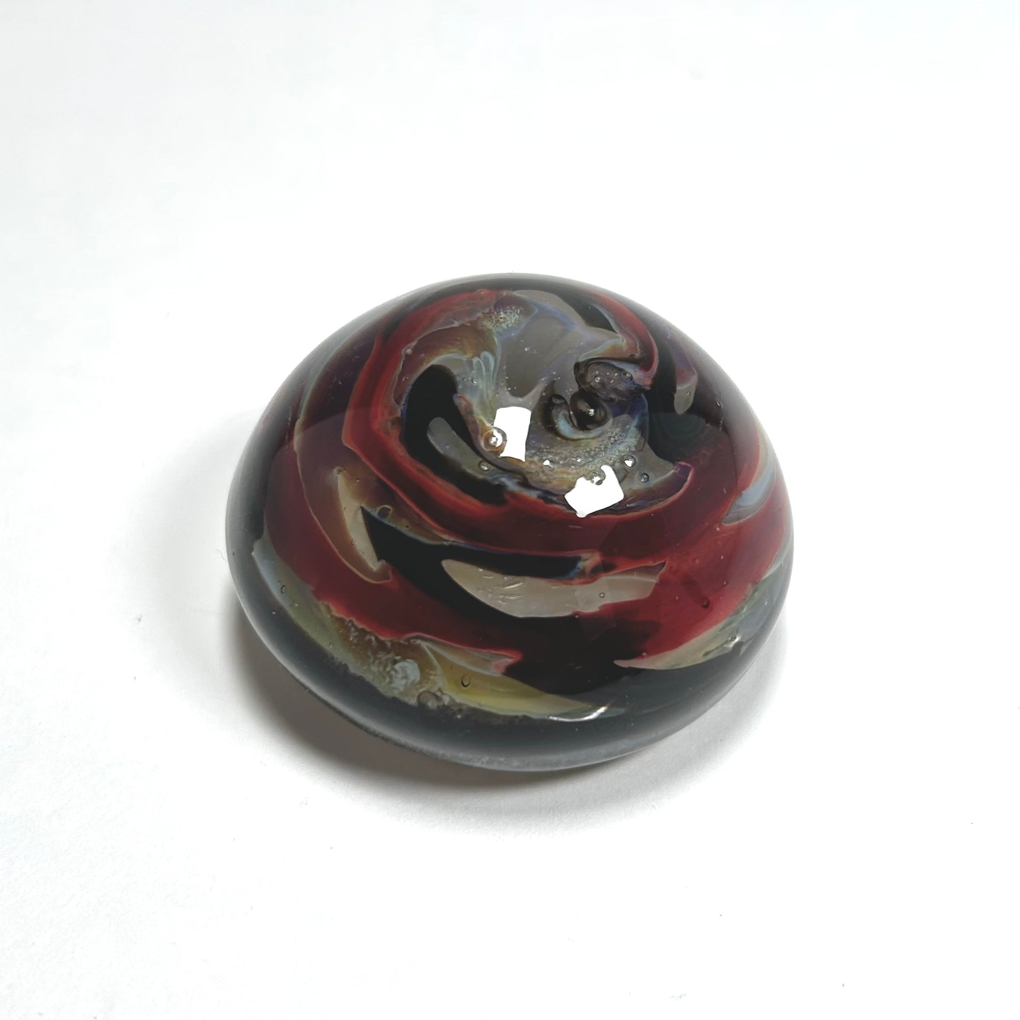 Vintage Mini Art Glass Paperweight with Red and Black Swirl
