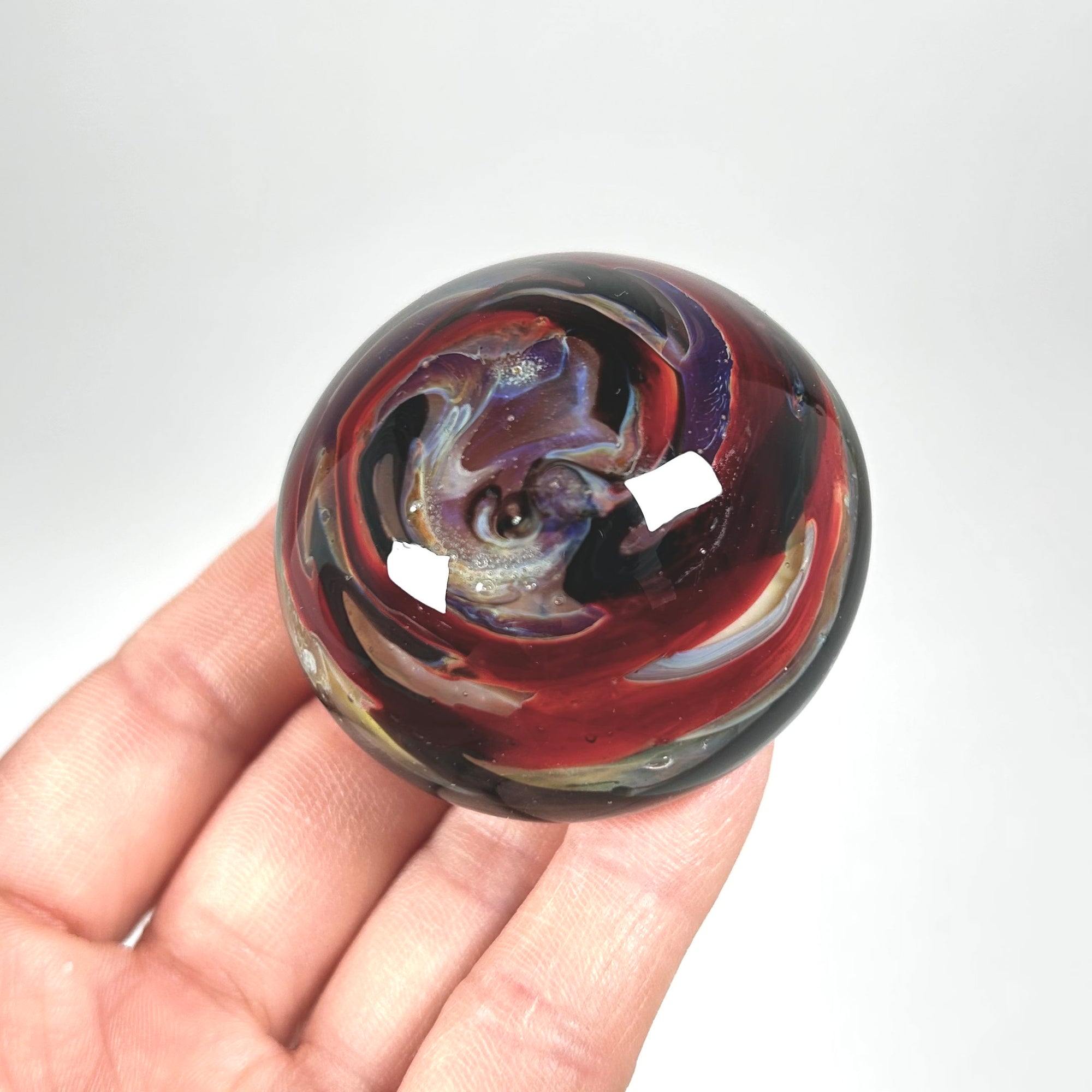 Vintage Mini Art Glass Paperweight with Red and Black Swirl