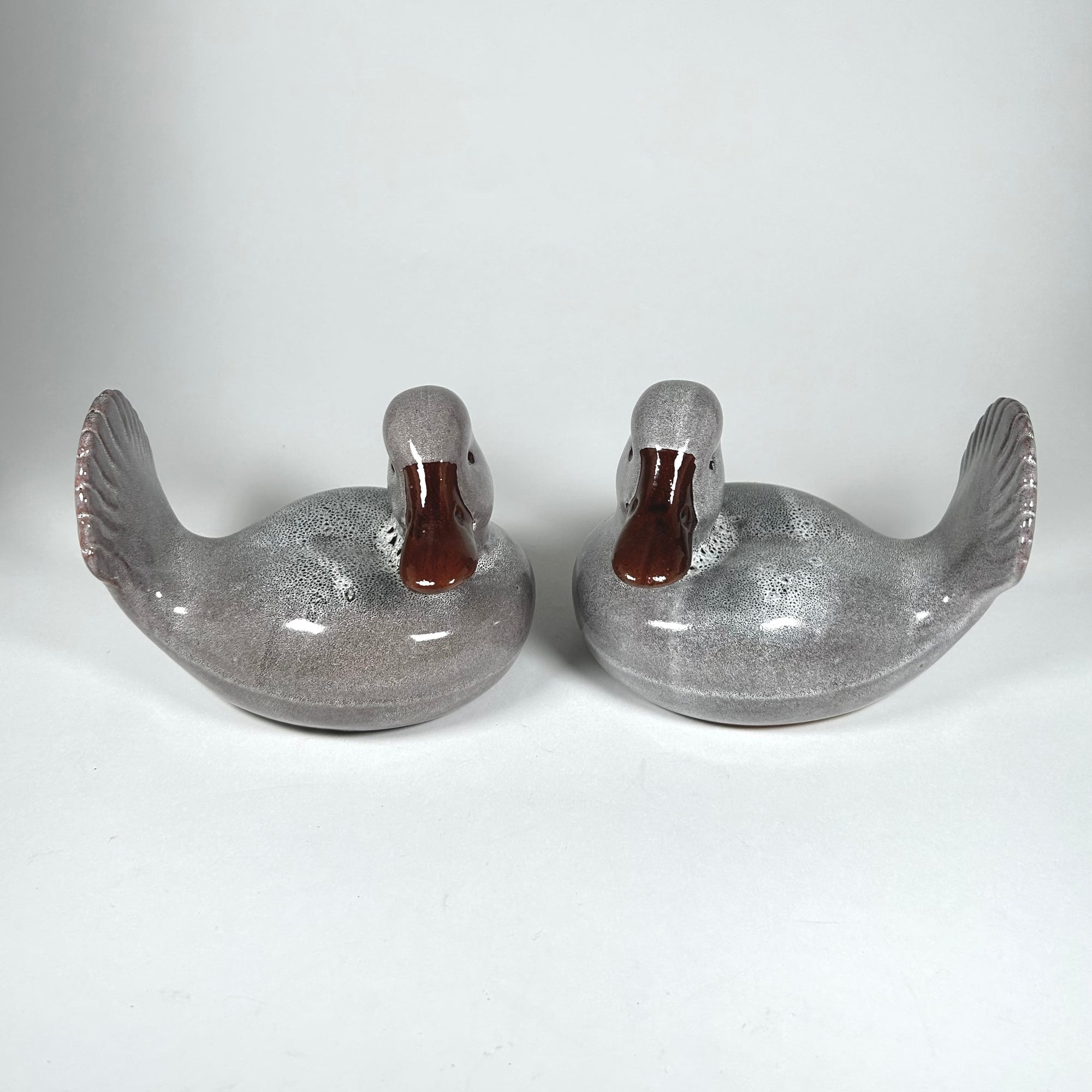 Italian Ceramic Duck Figurines Pair / Bookends in Grey