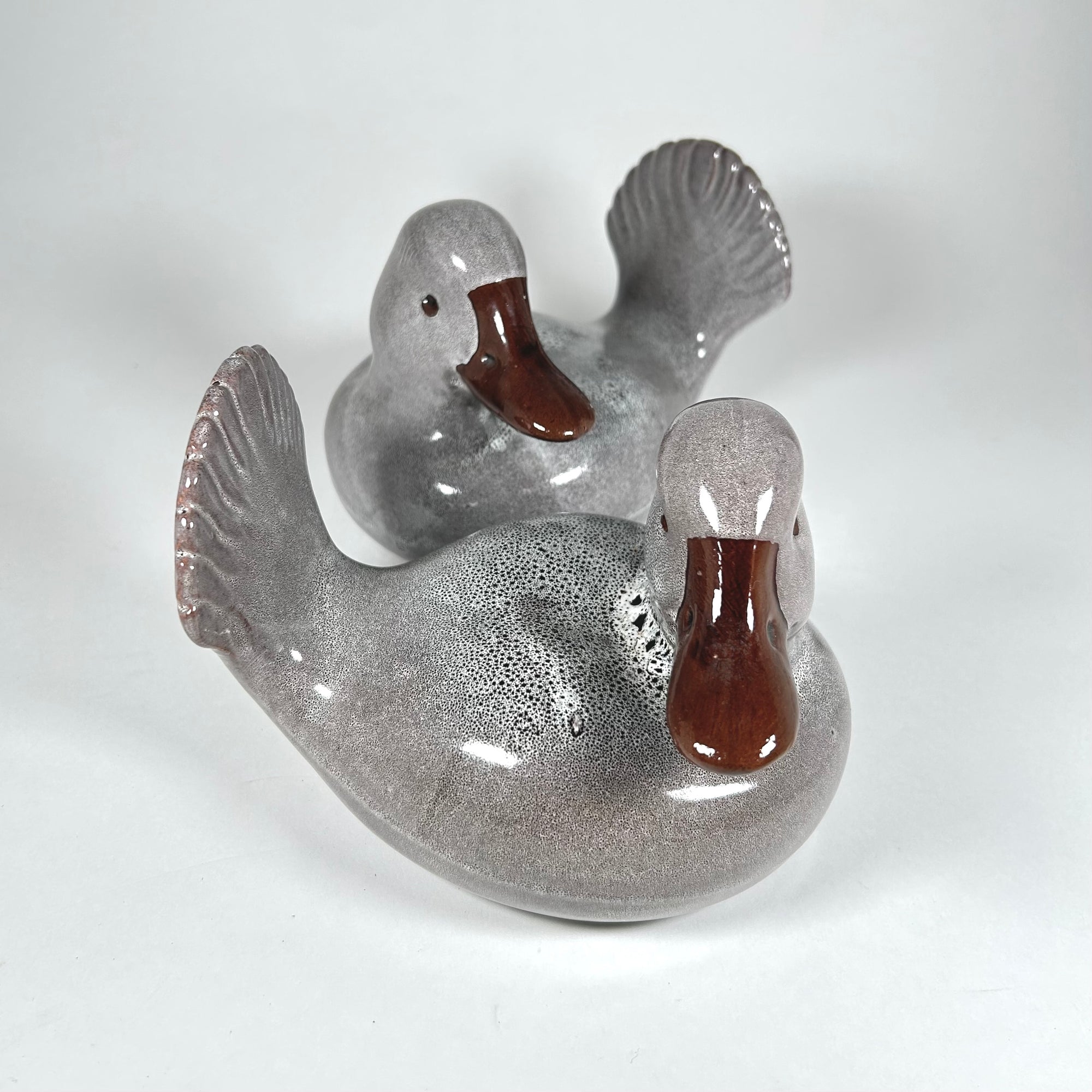 Italian Ceramic Duck Figurines Pair / Bookends in Grey