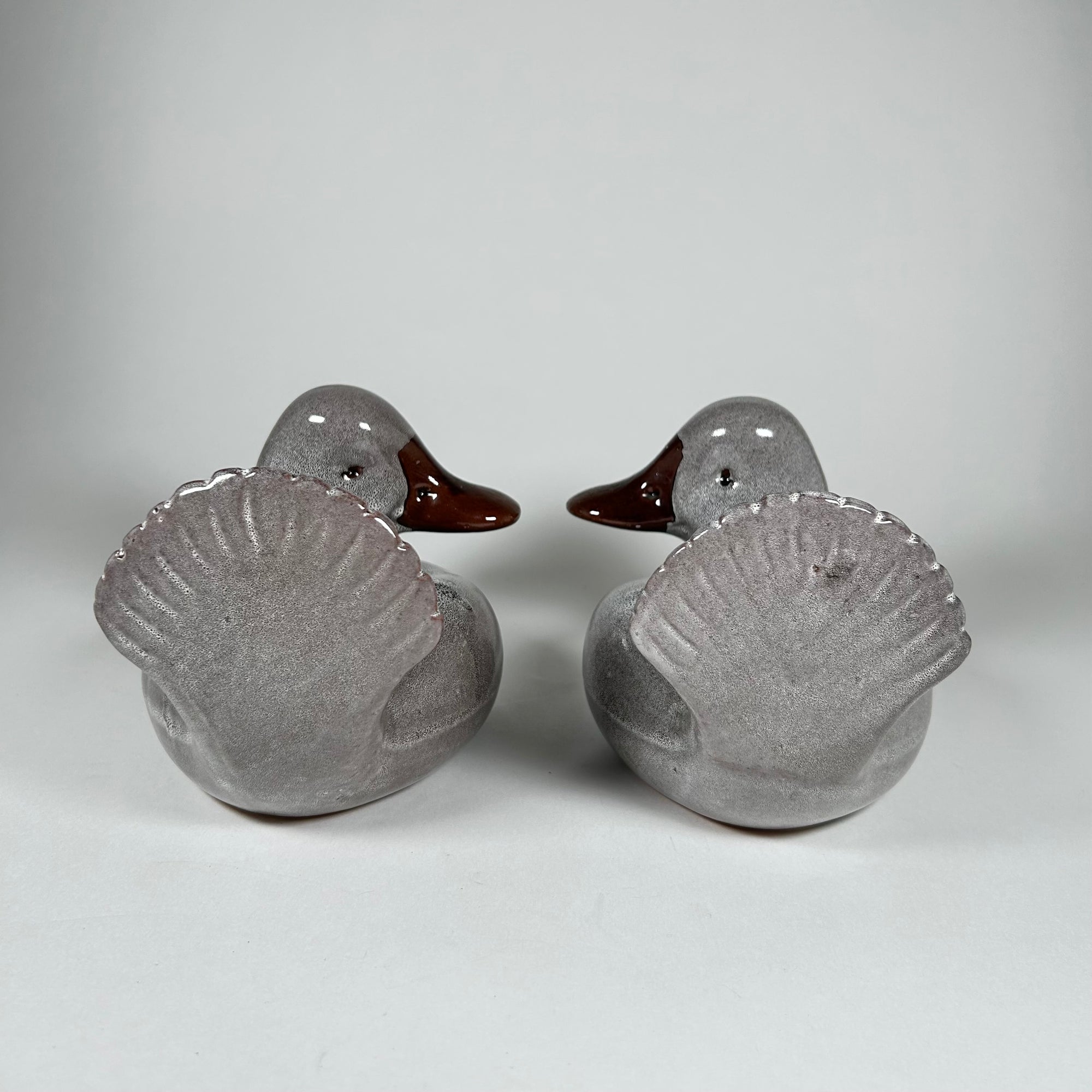 Italian Ceramic Duck Figurines Pair / Bookends in Grey