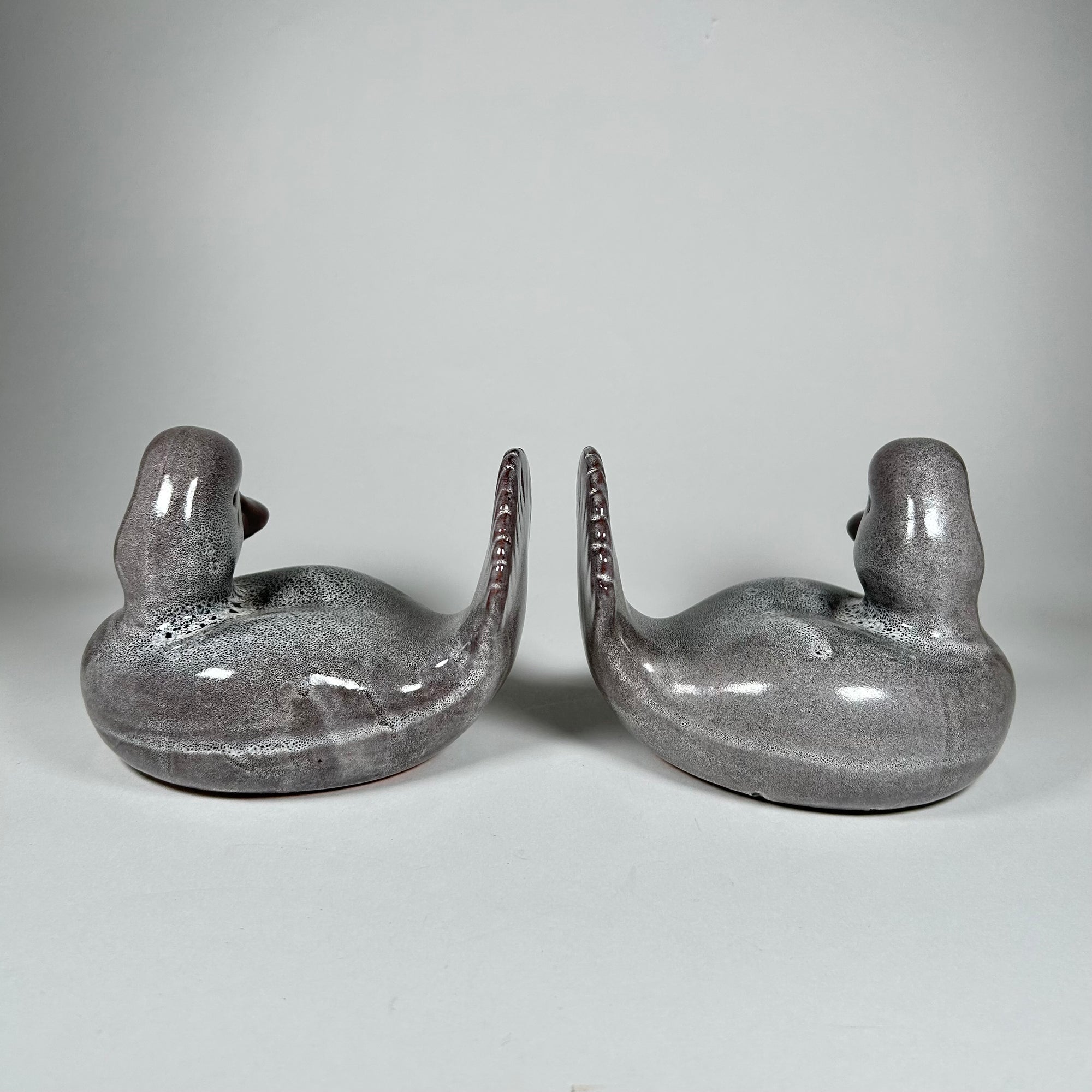 Italian Ceramic Duck Figurines Pair / Bookends in Grey