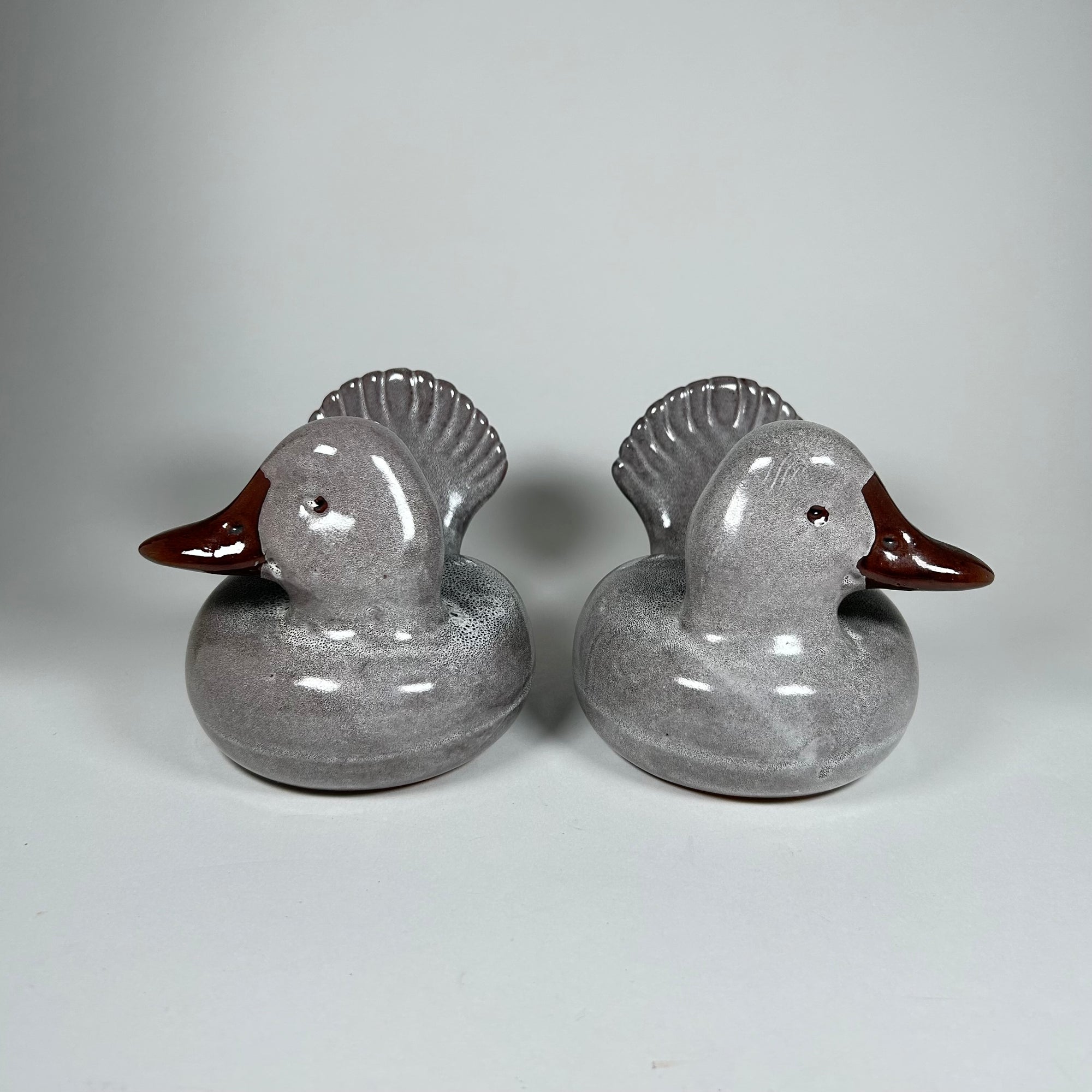 Italian Ceramic Duck Figurines Pair / Bookends in Grey