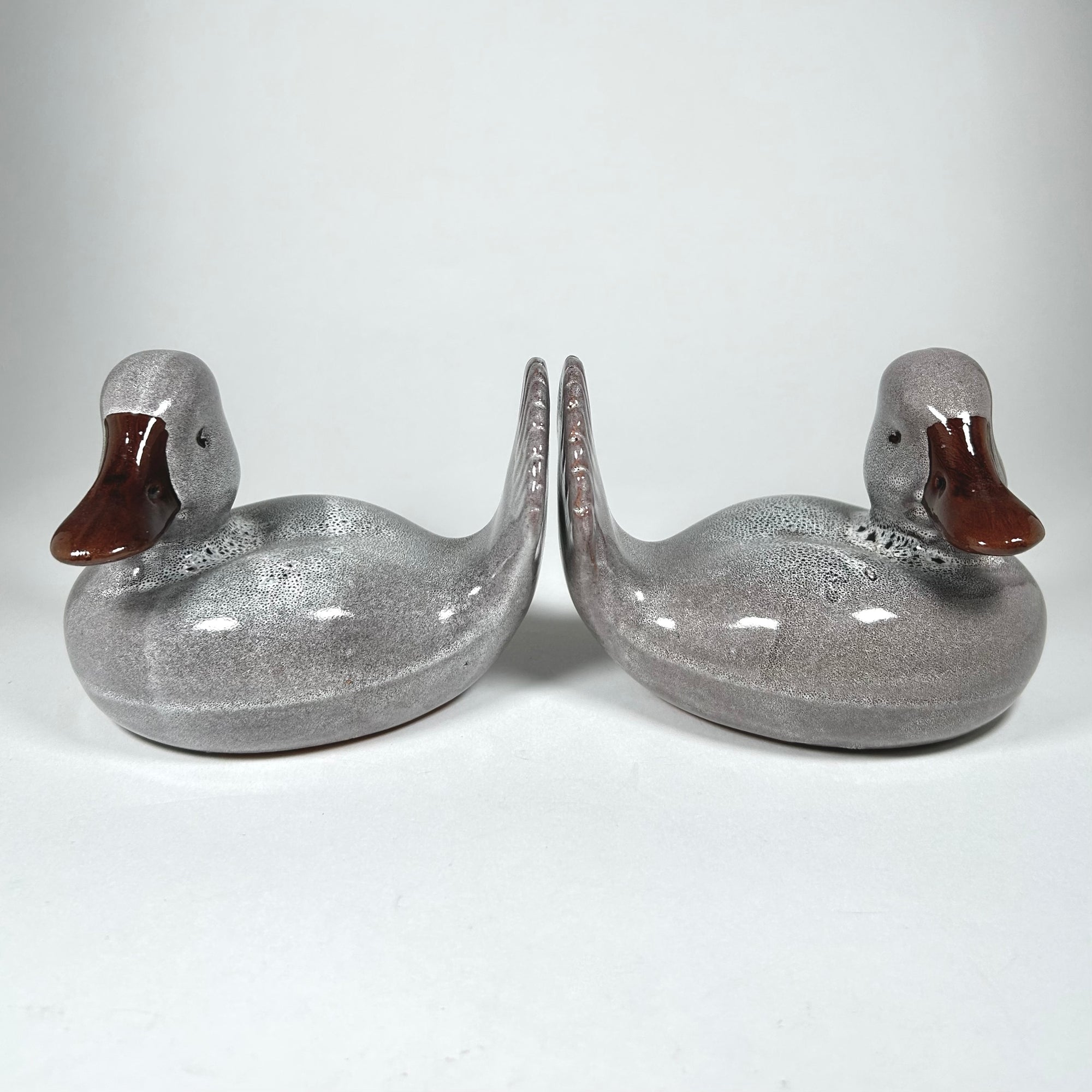 Italian Ceramic Duck Figurines Pair / Bookends in Grey