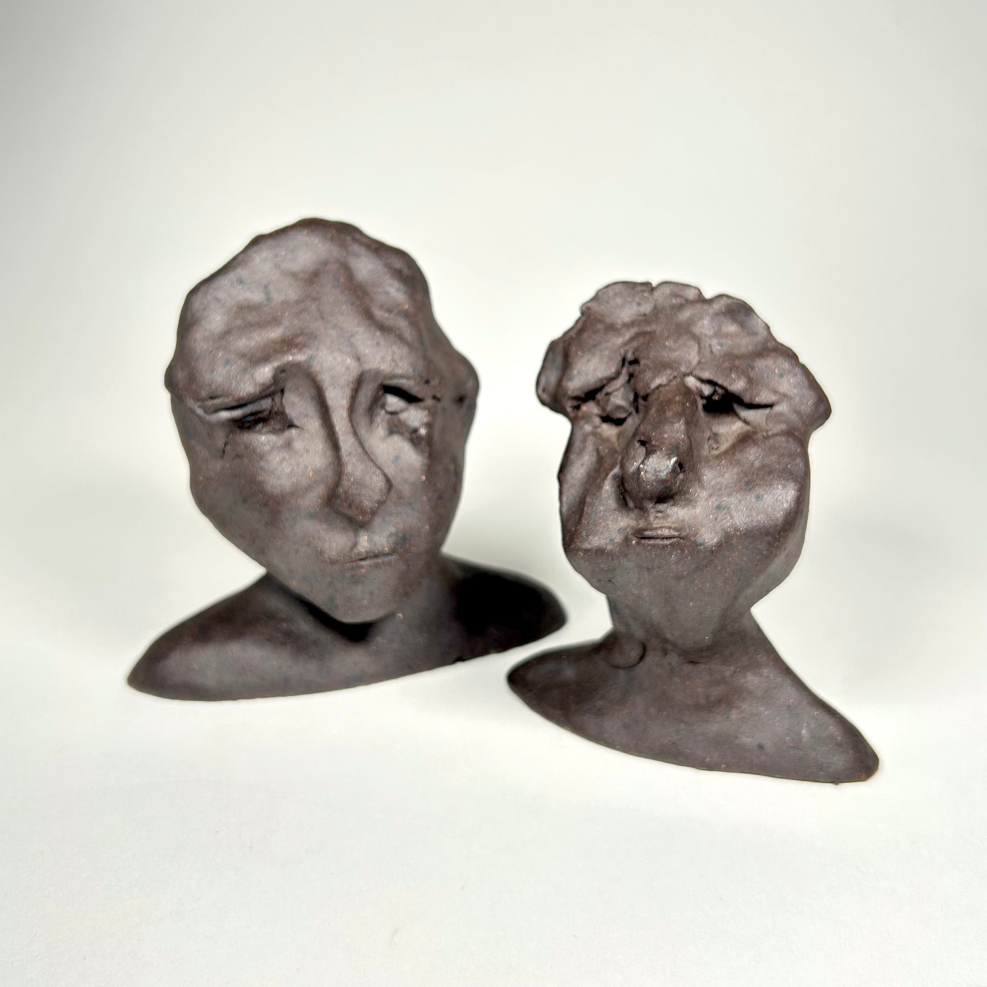 Expressionistic Ceramic Figures / Bust Pair in Dark Brown