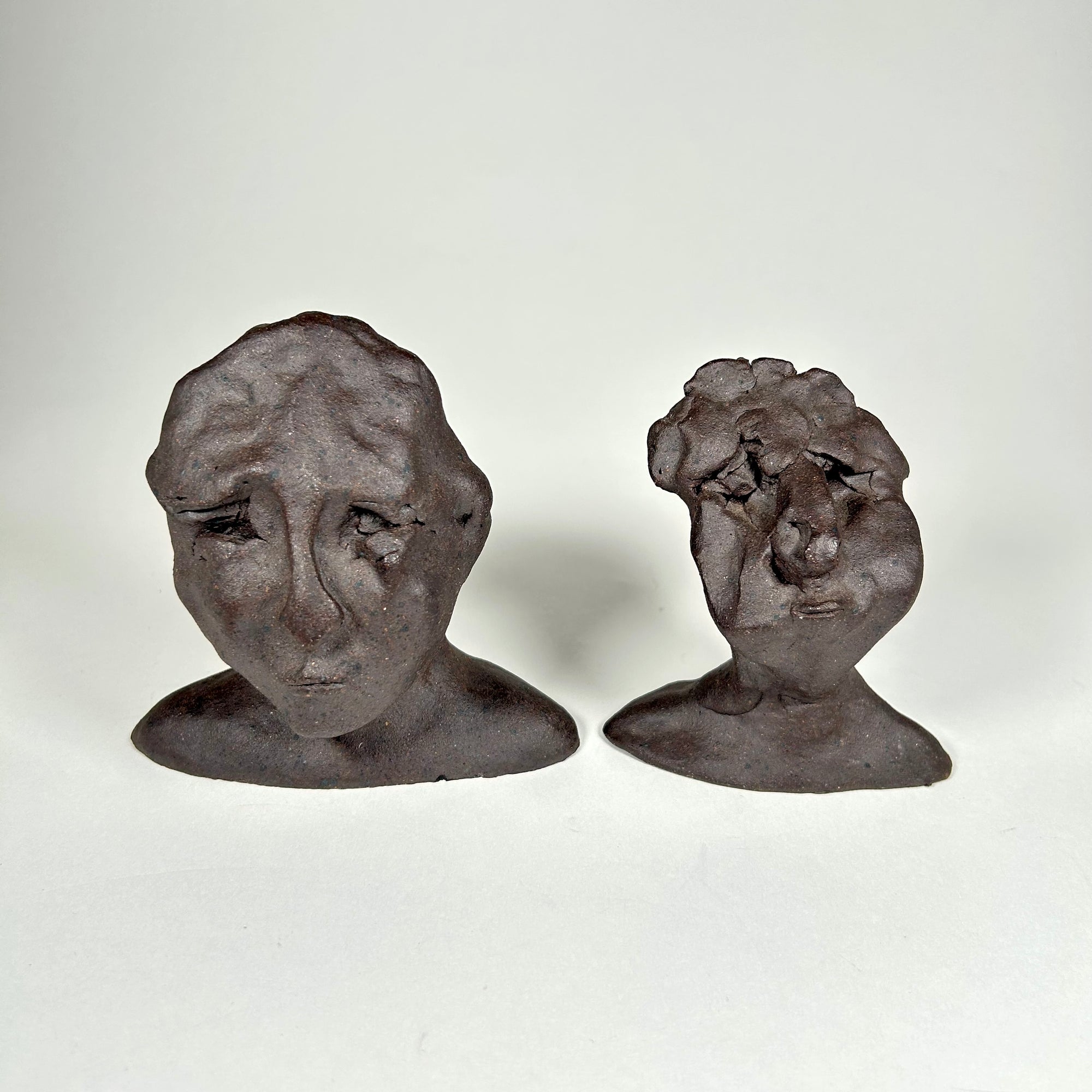 Expressionistic Ceramic Figures / Bust Pair in Dark Brown