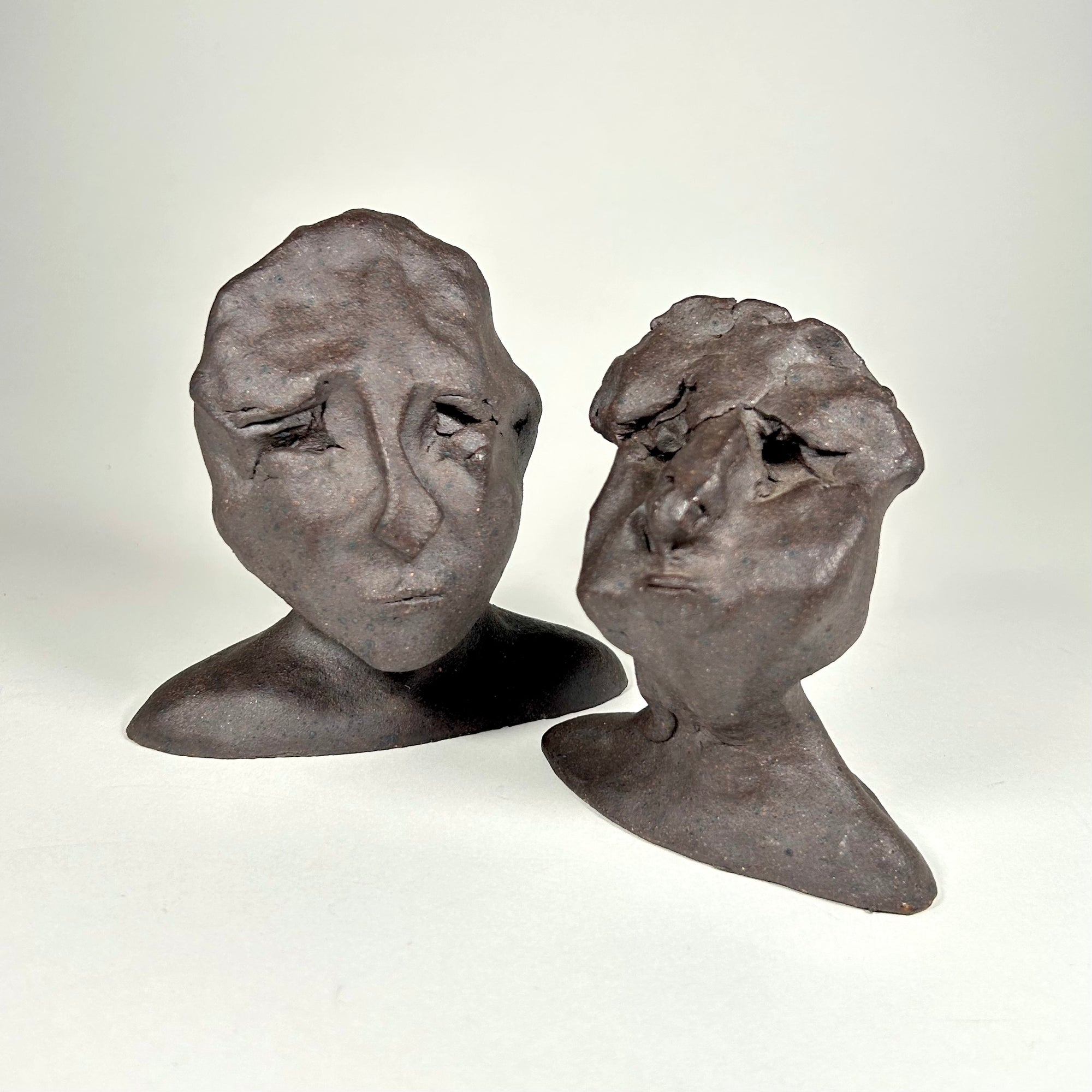 Expressionistic Ceramic Figures / Bust Pair in Dark Brown