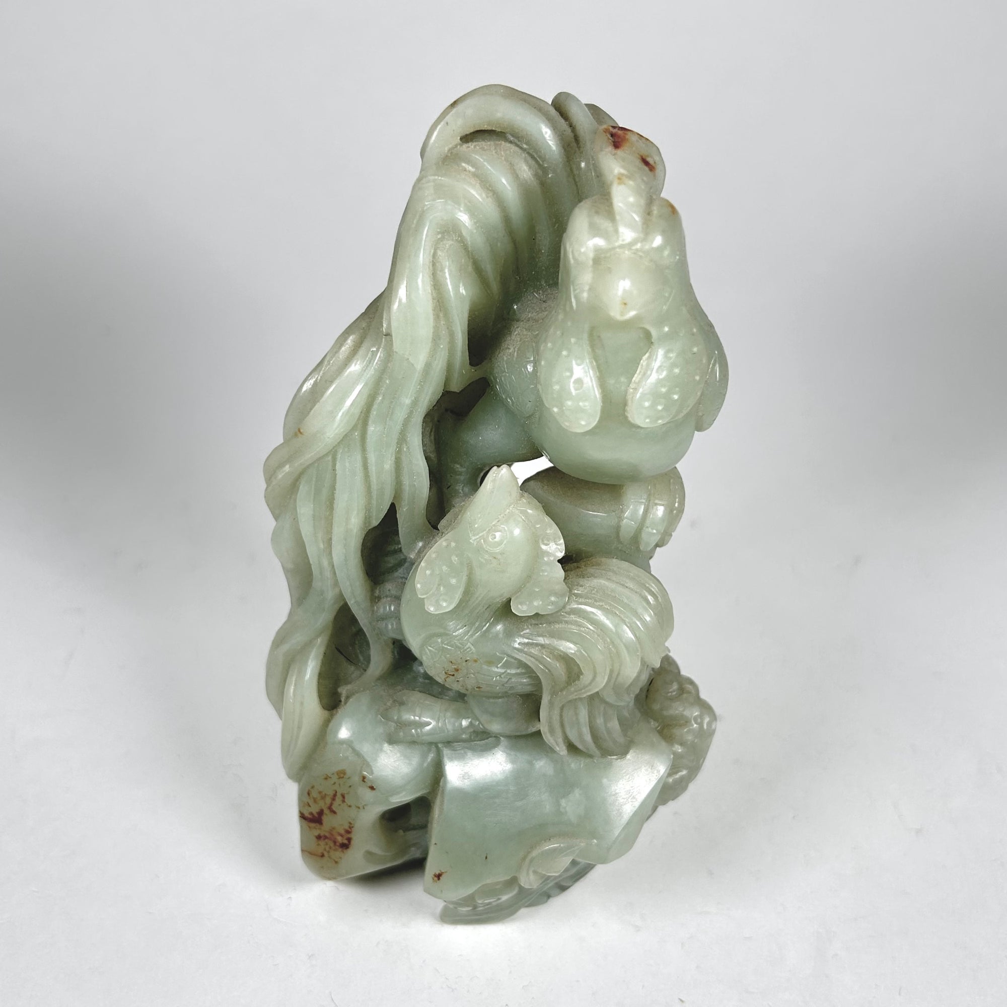 Carved Asian Rooster Pair Figure in Celadon Green