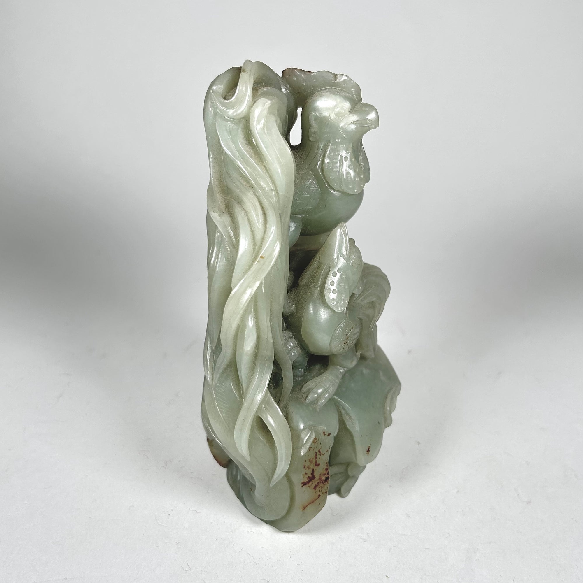 Carved Asian Rooster Pair Figure in Celadon Green