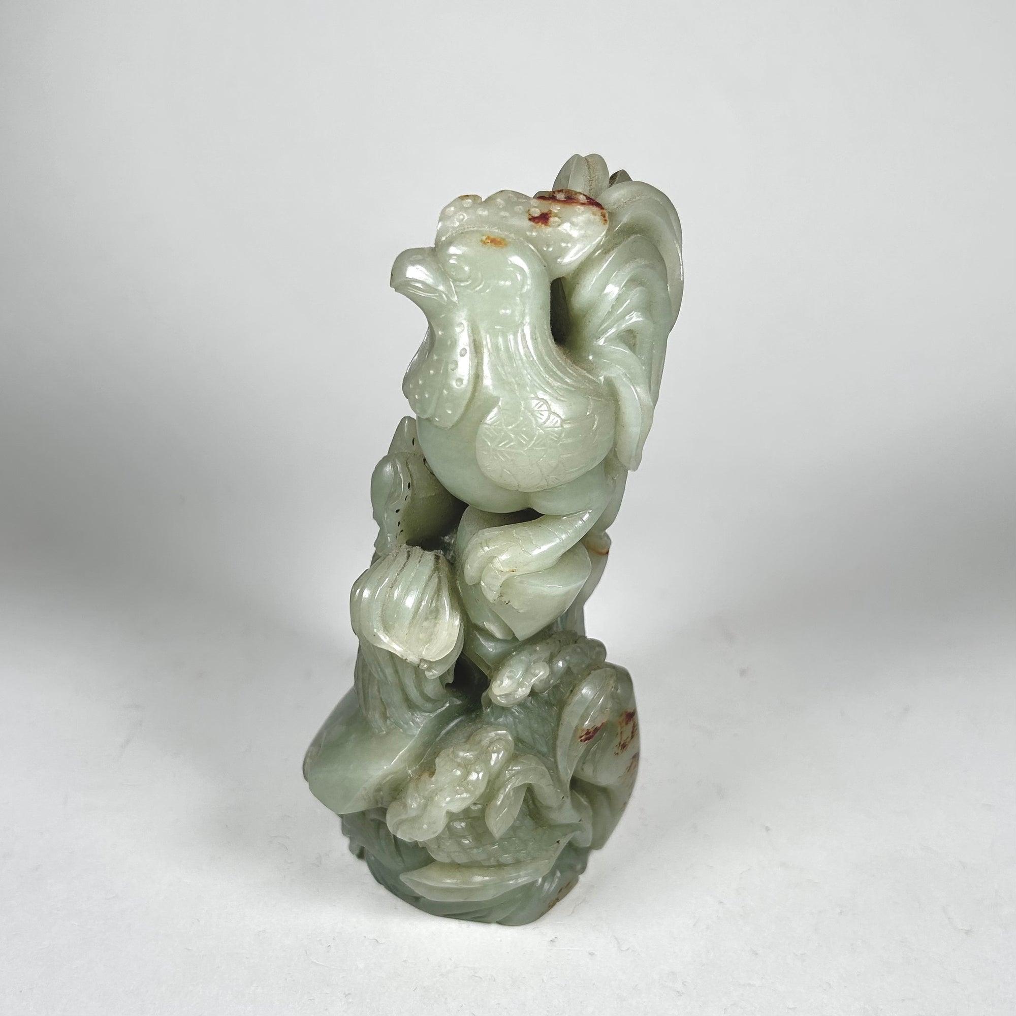 Carved Asian Rooster Pair Figure in Celadon Green