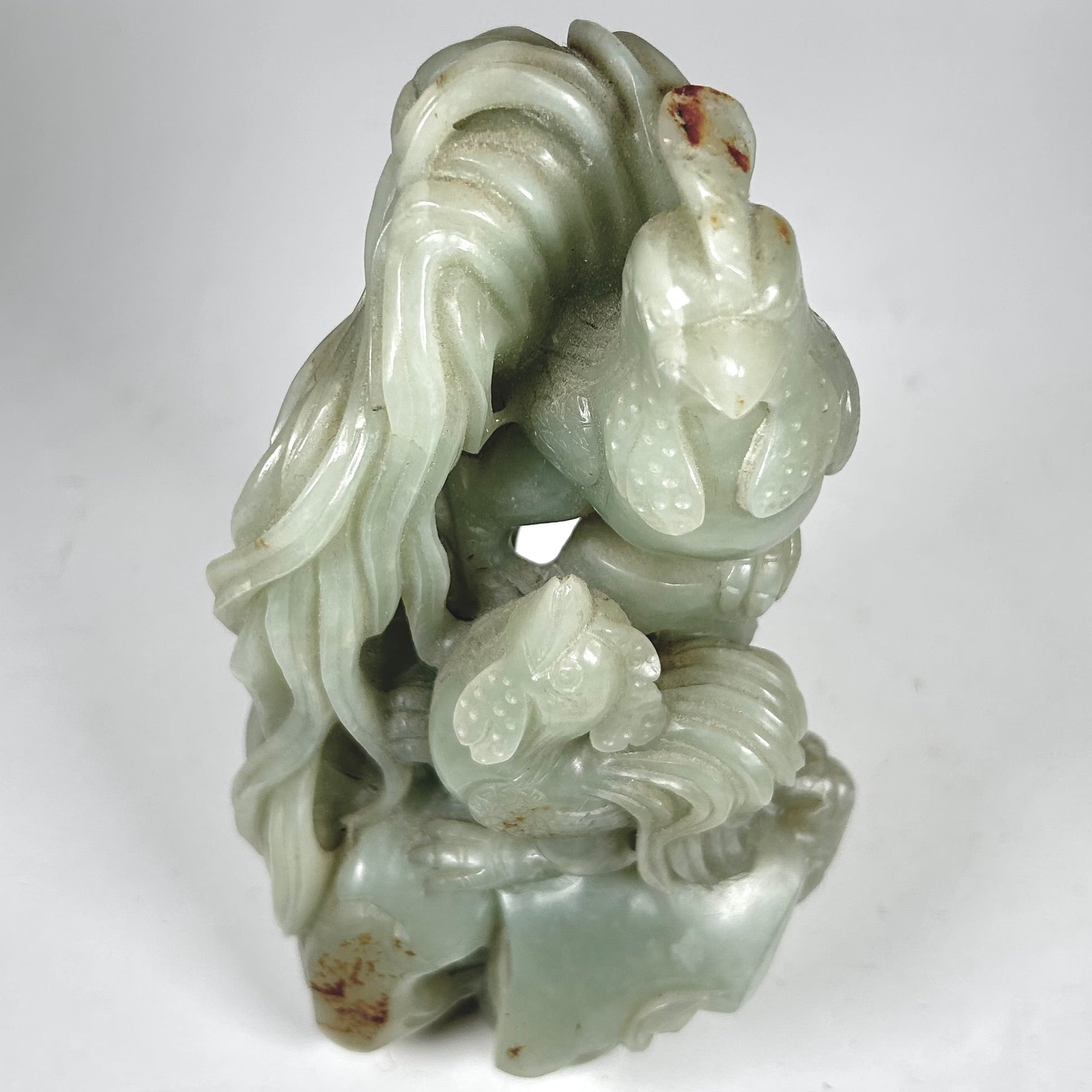 Carved Asian Rooster Pair Figure in Celadon Green