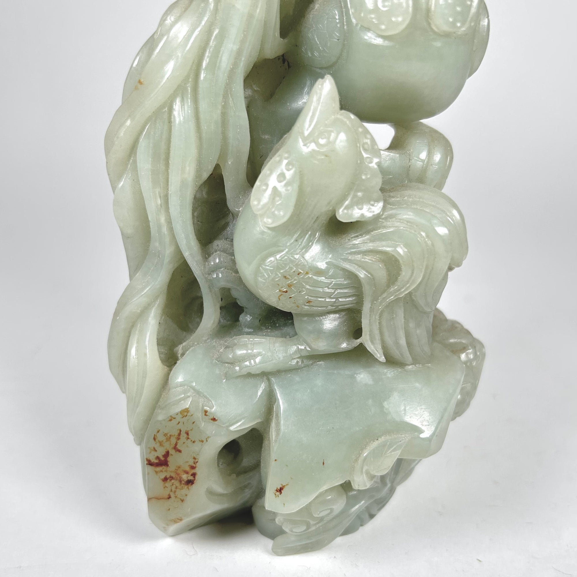 Carved Asian Rooster Pair Figure in Celadon Green