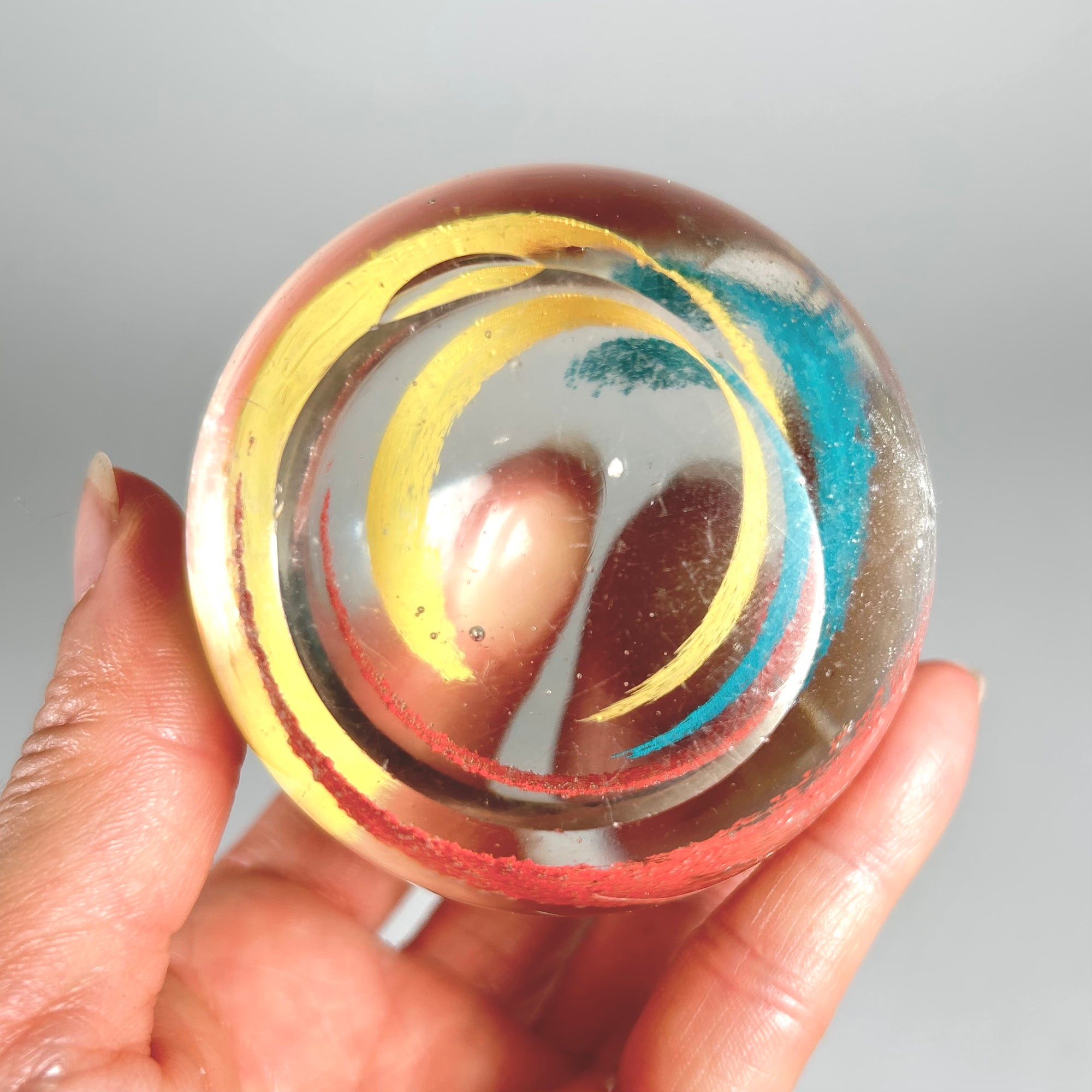 Art Glass Minimalist Paperweight with Tri-Color Swirl