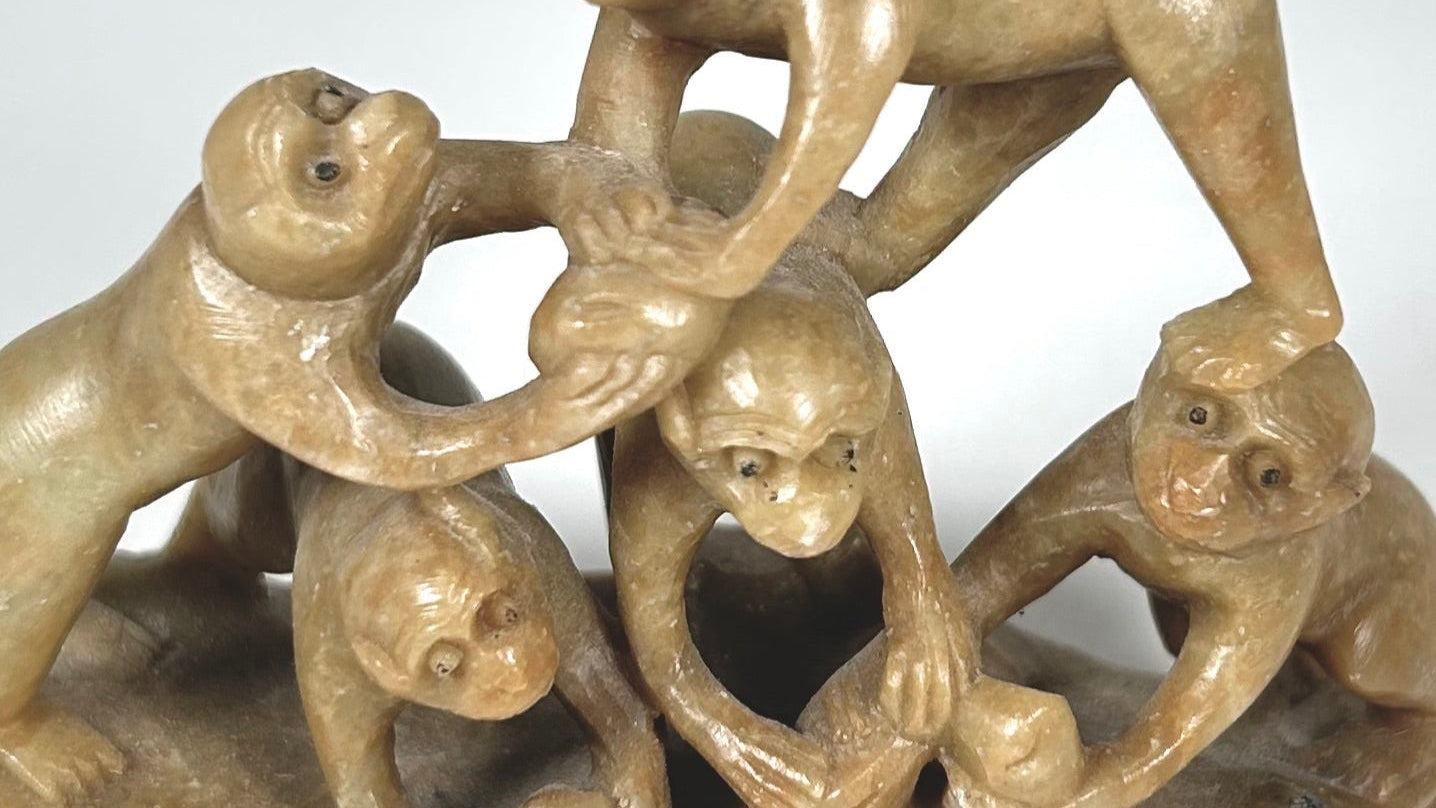 Asian Monkey Group Carving in Soapstone