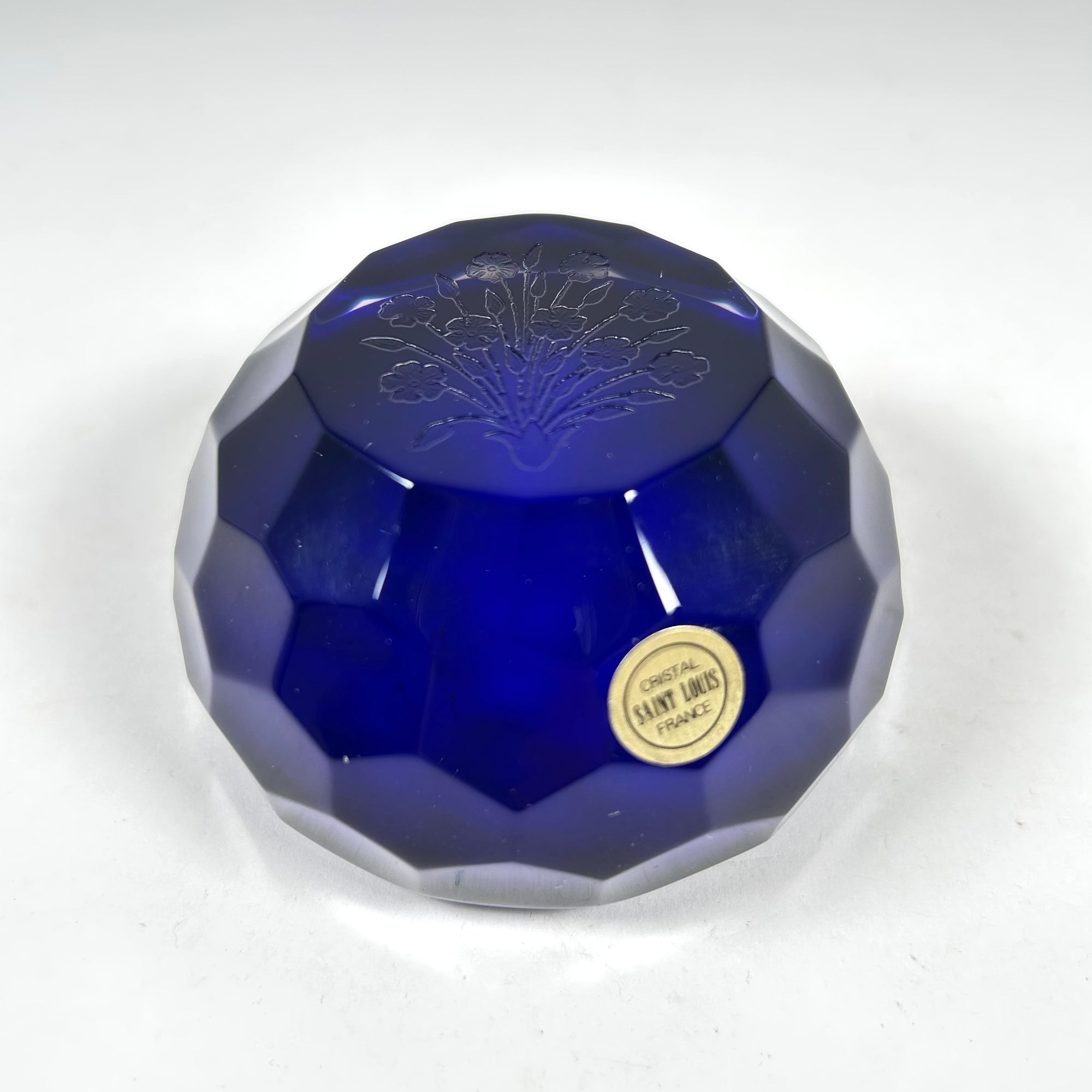 St. Louis Faceted Cobalt Blue Paperweight with Etched Floral Bouquet