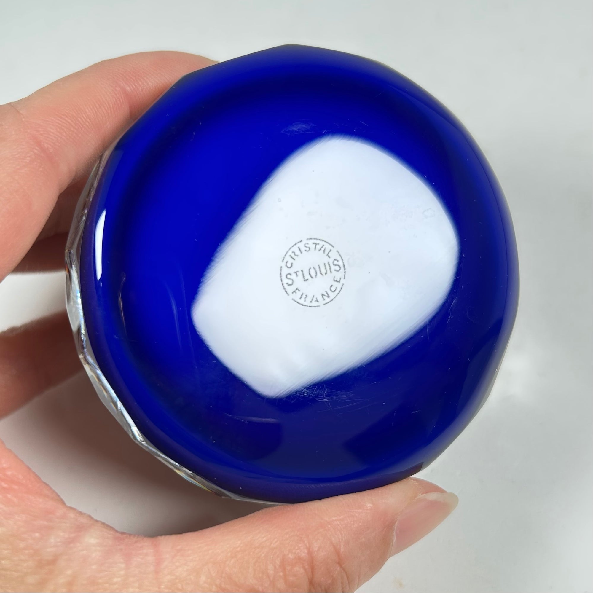 St. Louis Faceted Cobalt Blue Paperweight with Etched Floral Bouquet