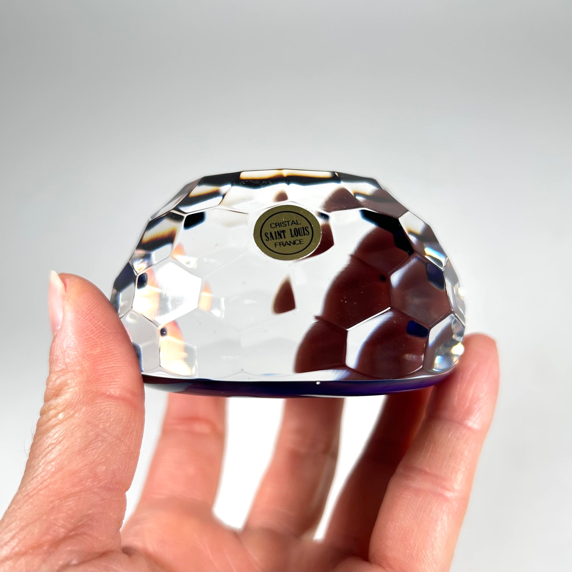 St. Louis Faceted Cobalt Blue Paperweight with Etched Floral Bouquet