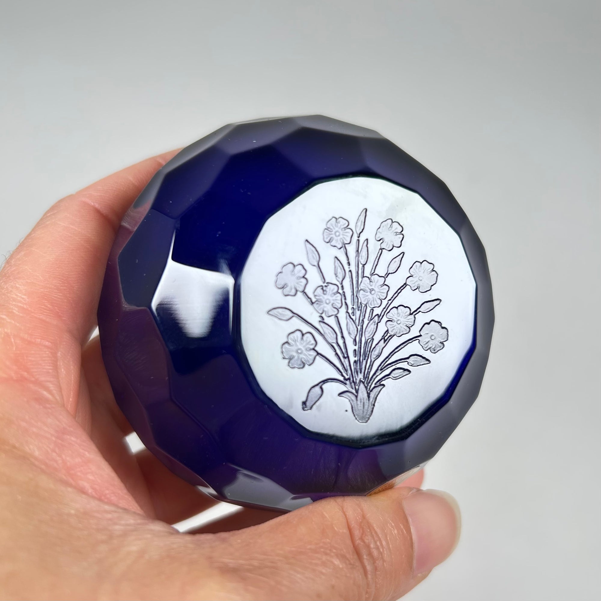 St. Louis Faceted Cobalt Blue Paperweight with Etched Floral Bouquet