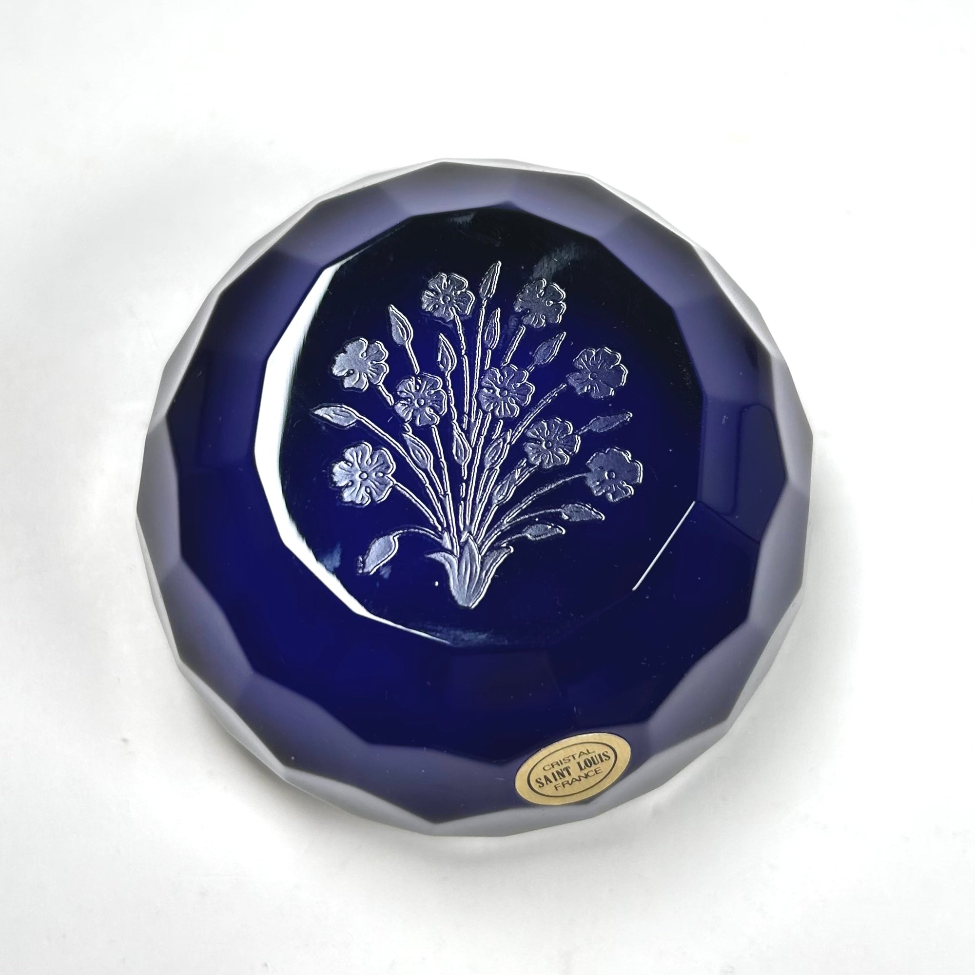 St. Louis Faceted Cobalt Blue Paperweight with Etched Floral Bouquet