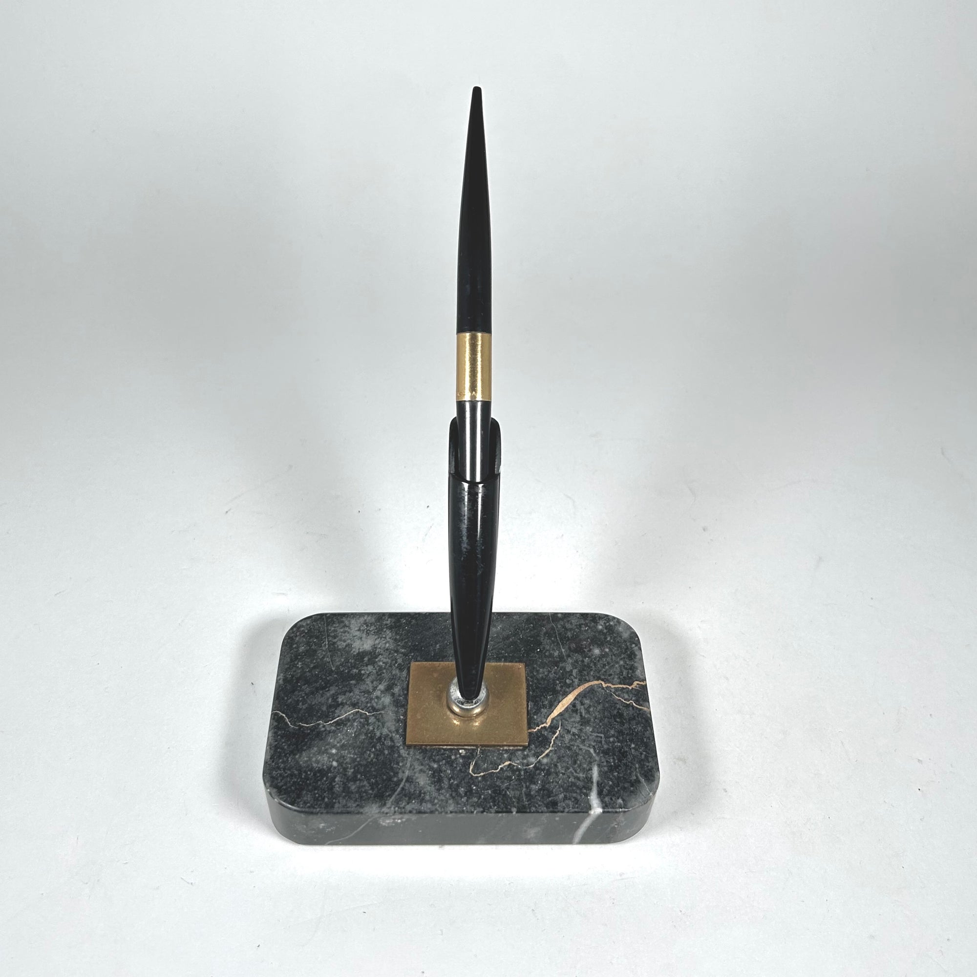 Rectangular Marbled Stone Pen Stand with Pen in Black with Gold Accents