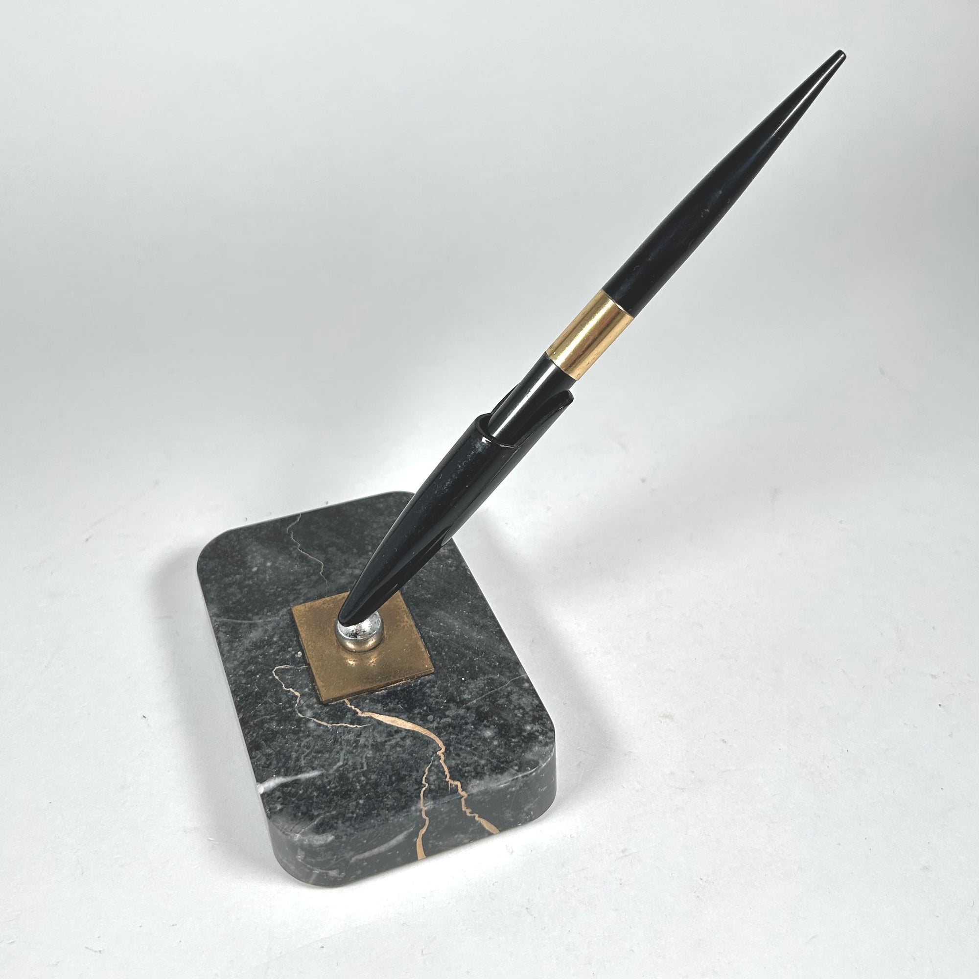 Rectangular Marbled Stone Pen Stand with Pen in Black with Gold Accents