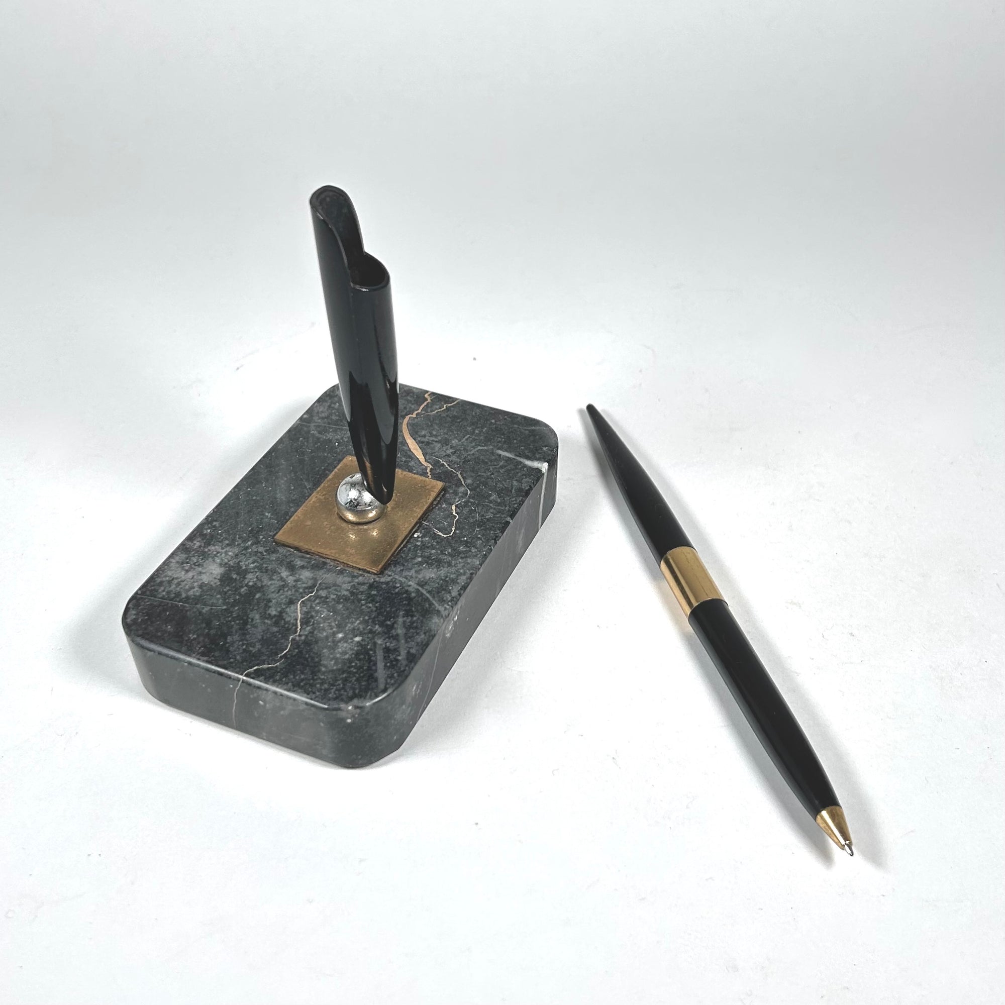 Rectangular Marbled Stone Pen Stand with Pen in Black with Gold Accents