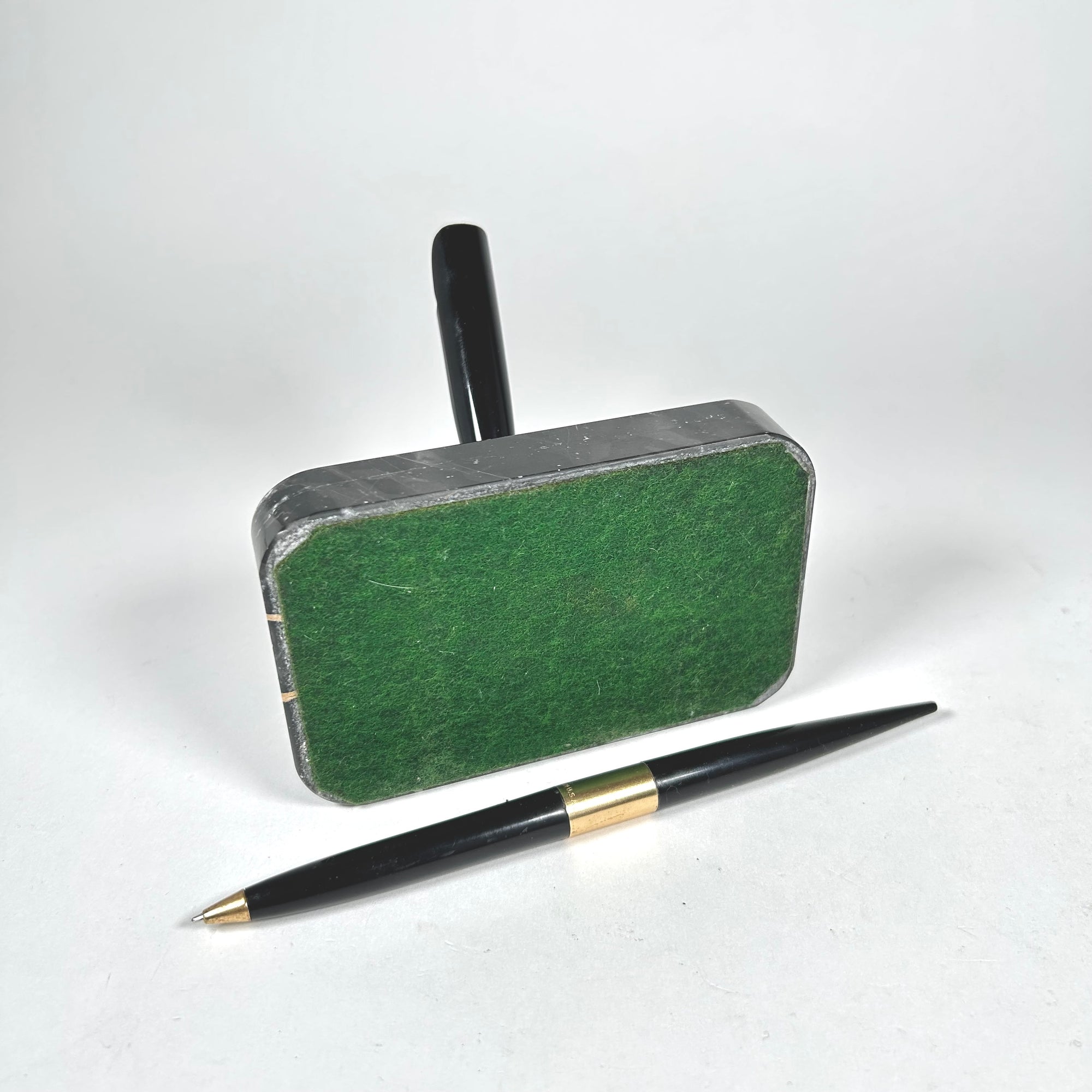 Rectangular Marbled Stone Pen Stand with Pen in Black with Gold Accents