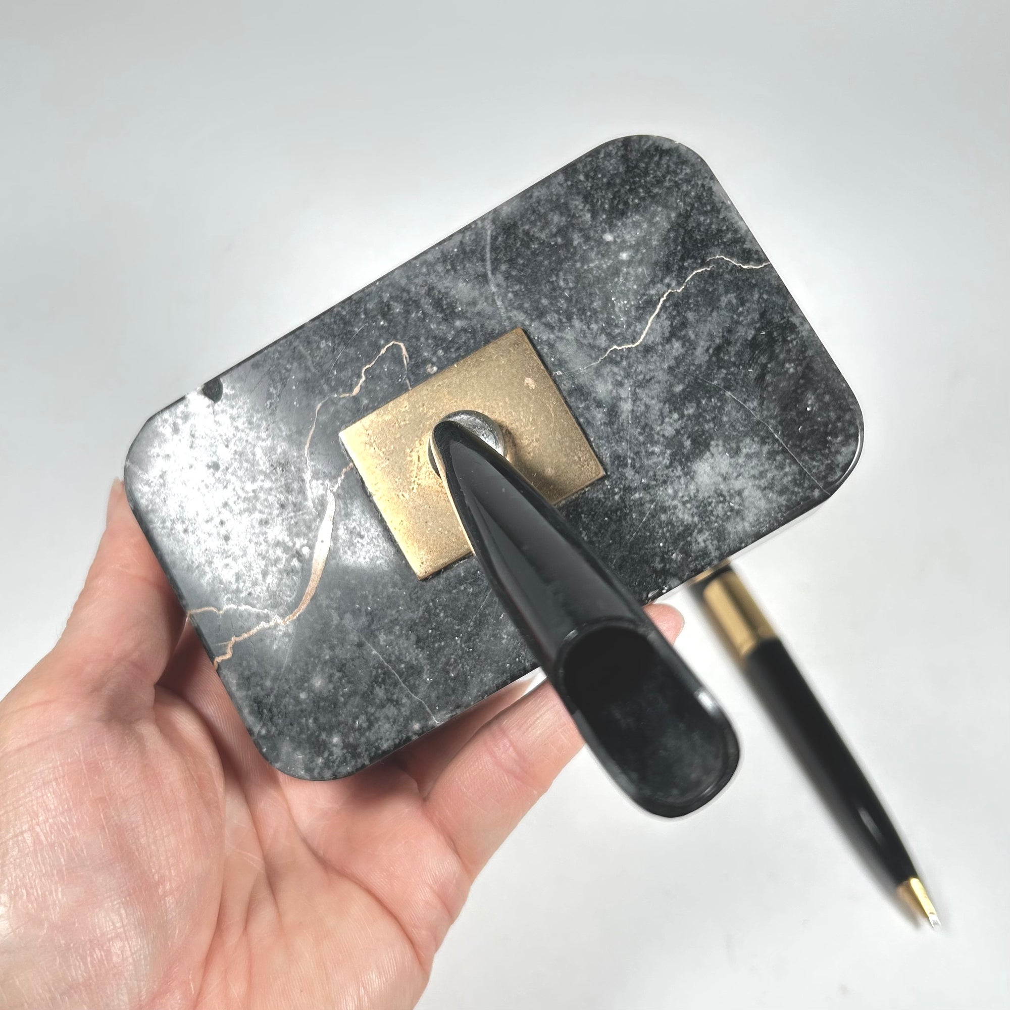 Rectangular Marbled Stone Pen Stand with Pen in Black with Gold Accents