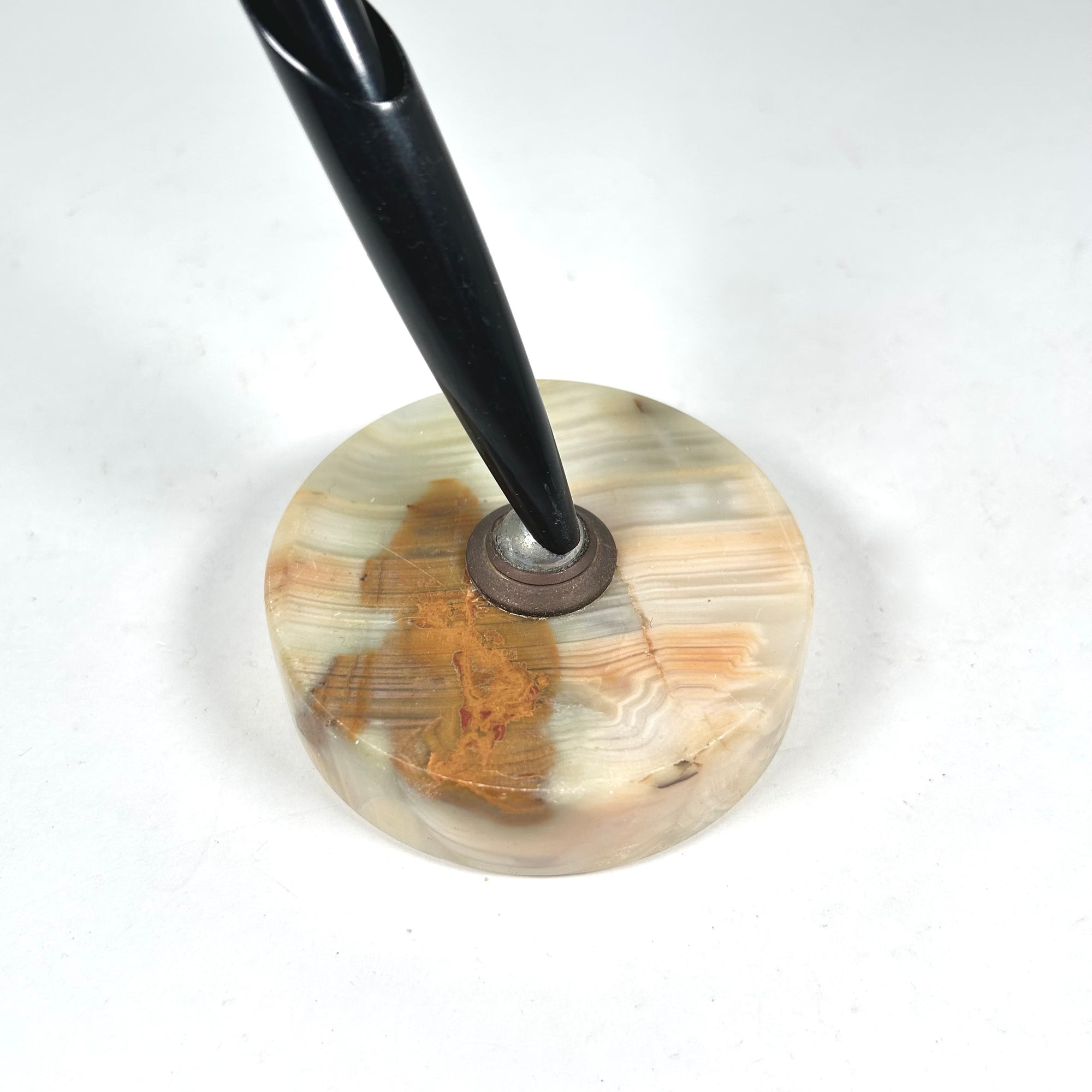 Round Agate Pen Stand with Pen in Cream with Brown Accents