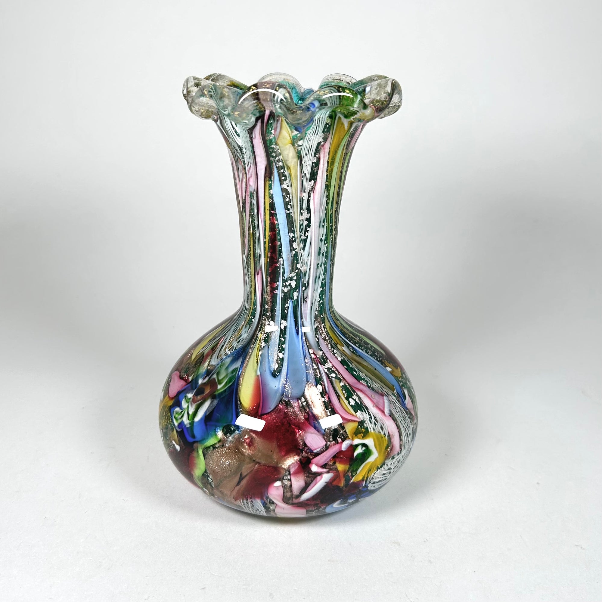 Italian Murano Tutti Frutti Blown Glass Vase in Multi Colors and Ruffle Top