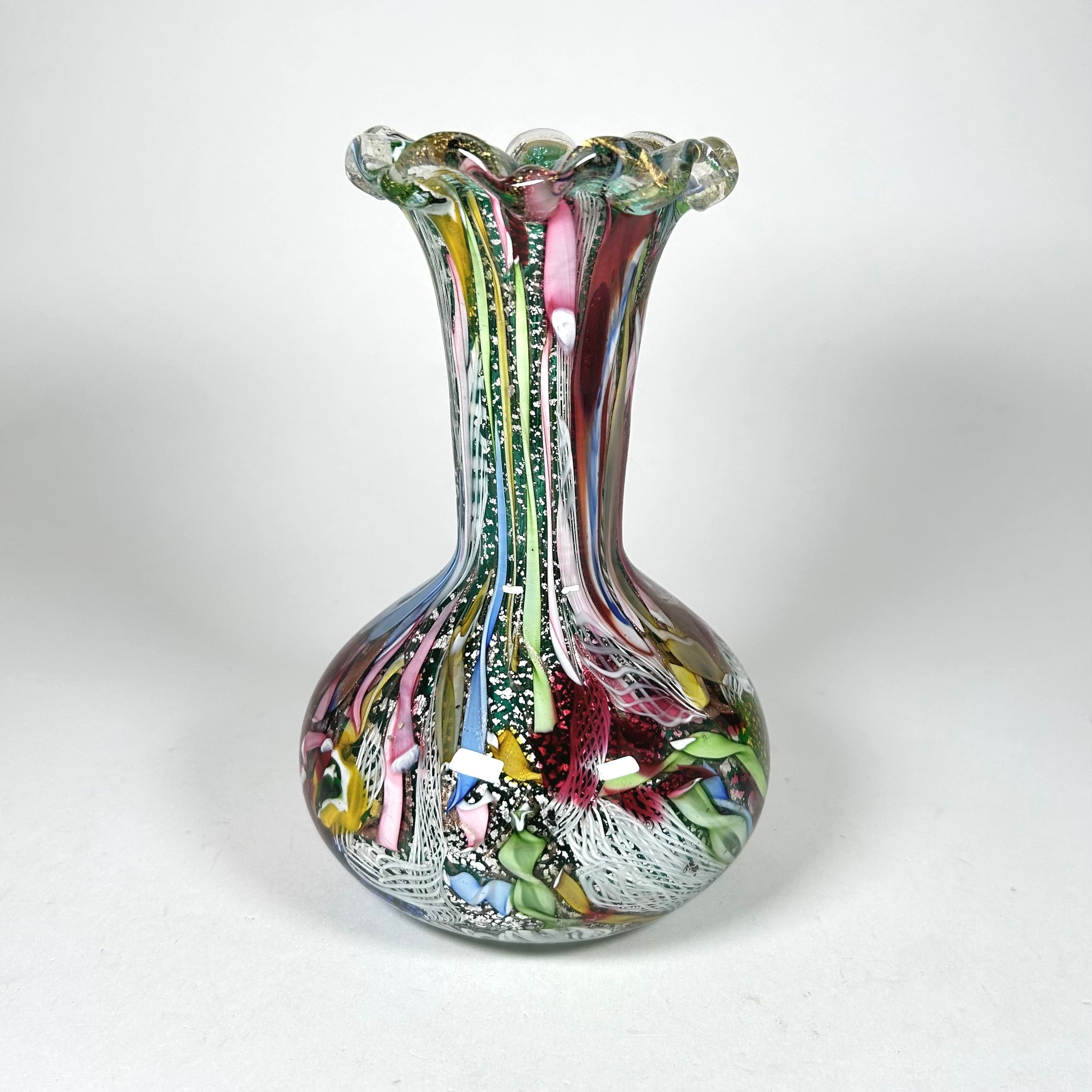 Italian Murano Tutti Frutti Blown Glass Vase in Multi Colors and Ruffle Top