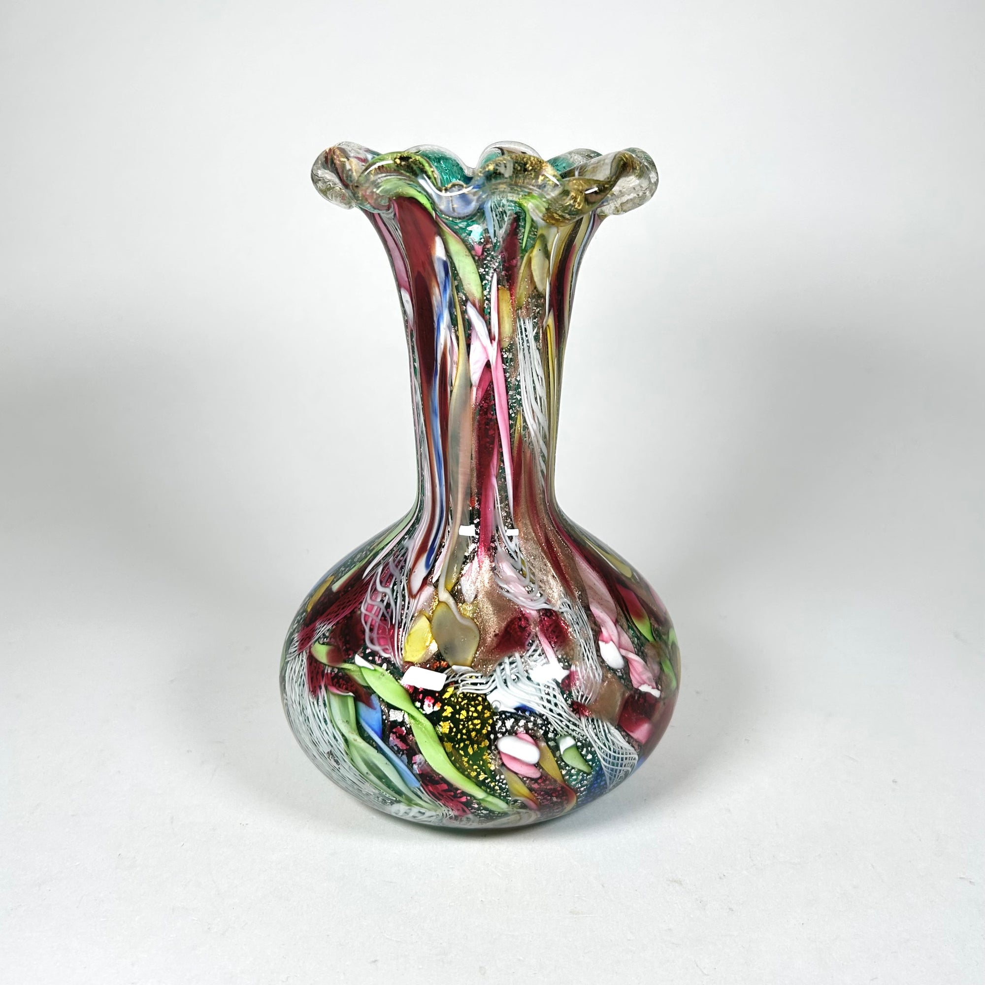 Italian Murano Tutti Frutti Blown Glass Vase in Multi Colors and Ruffle Top