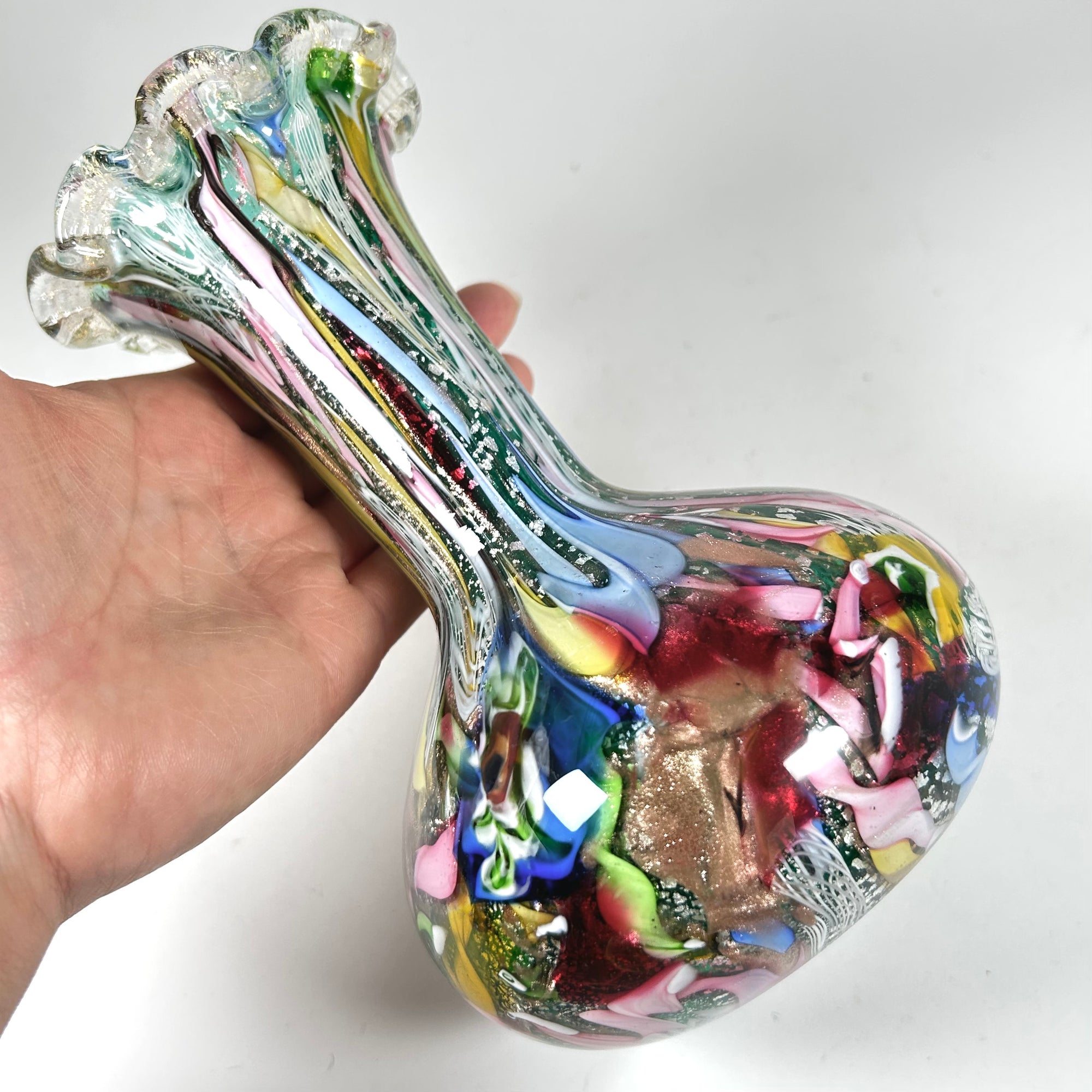 Italian Murano Tutti Frutti Blown Glass Vase in Multi Colors and Ruffle Top